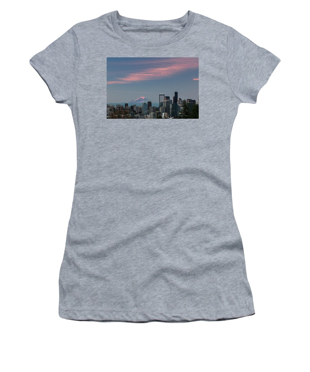 Mt. Rainier Women's T-Shirt featuring the photograph Pink Highlights over Seattle-Mt. Rainier by E Faithe Lester