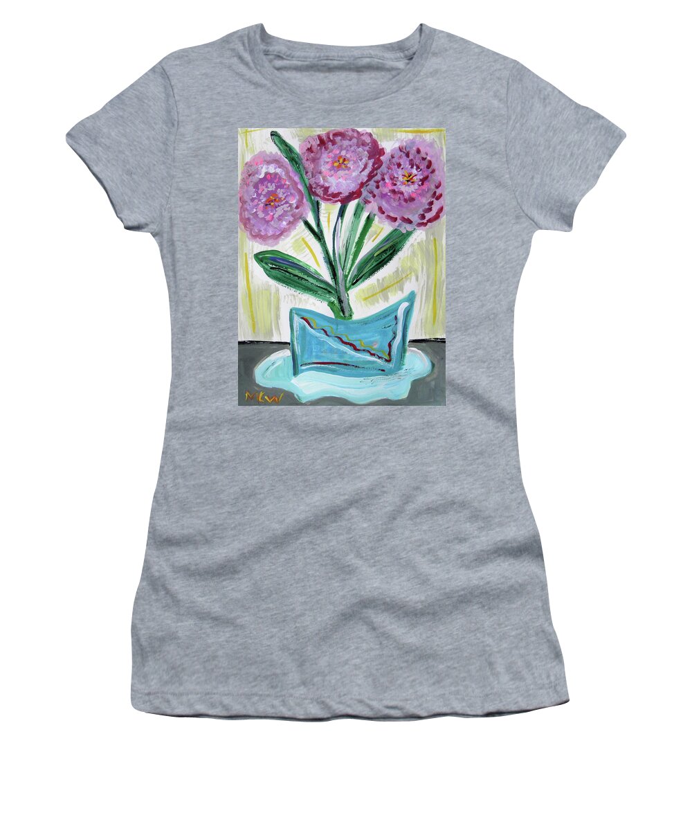 Floral Women's T-Shirt featuring the painting Pink Peonies-Gray Table by Mary Carol Williams