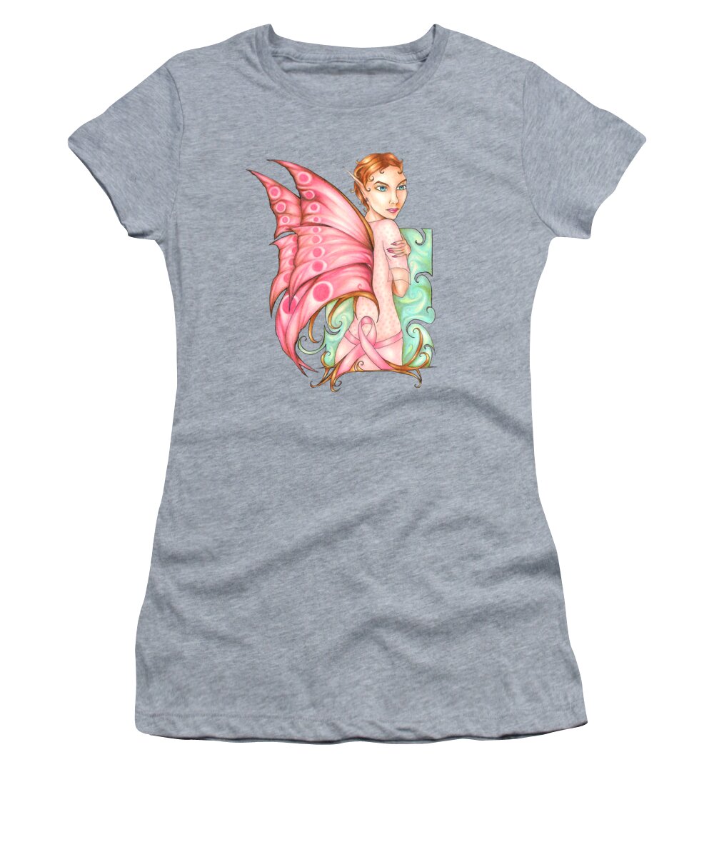 Pink Ribbon Fairy Women's T-Shirt featuring the drawing Pink Ribbon Fairy For Breast Cancer Awareness by Kristin Aquariann