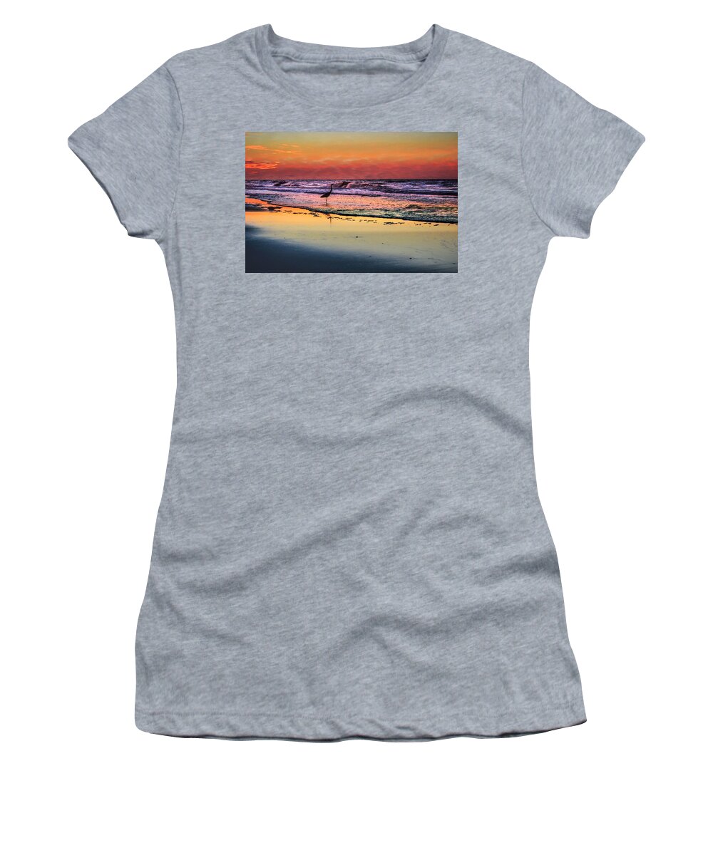 Alabama Women's T-Shirt featuring the photograph Pink Sky and Heron in the Surf by Michael Thomas