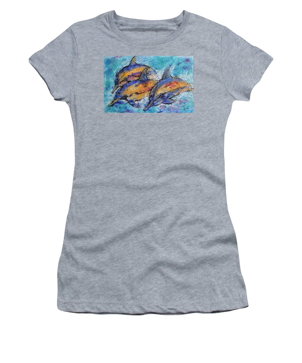 Dolphins Women's T-Shirt featuring the painting Playful Dolphins by Jyotika Shroff