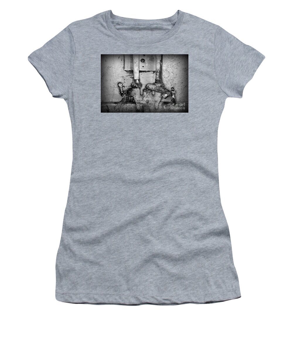 Paul Ward Women's T-Shirt featuring the photograph Plumbing Hot and Cold Water in black and white by Paul Ward