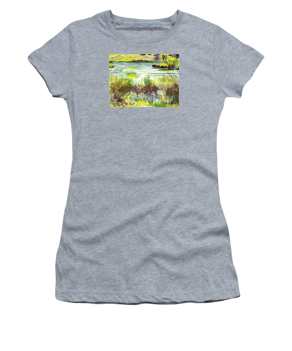  Women's T-Shirt featuring the painting Pond and Plants by Kathleen Barnes