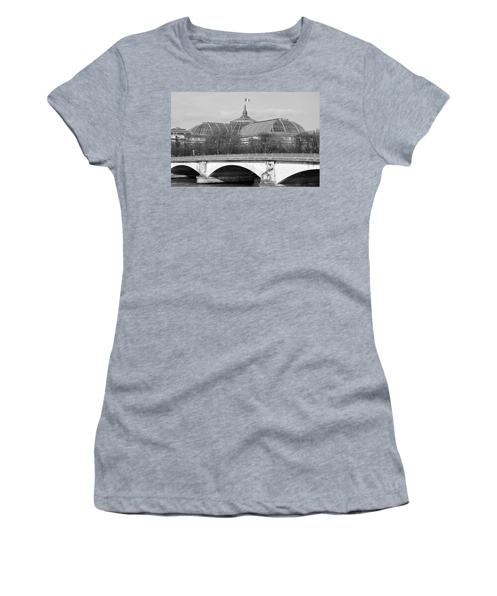 Pont Des Invalides Women's T-Shirt featuring the photograph Pont Des Invalides in front of Glass Roof of Beaux Arts Grand Palais Paris France Black and White by Shawn O'Brien