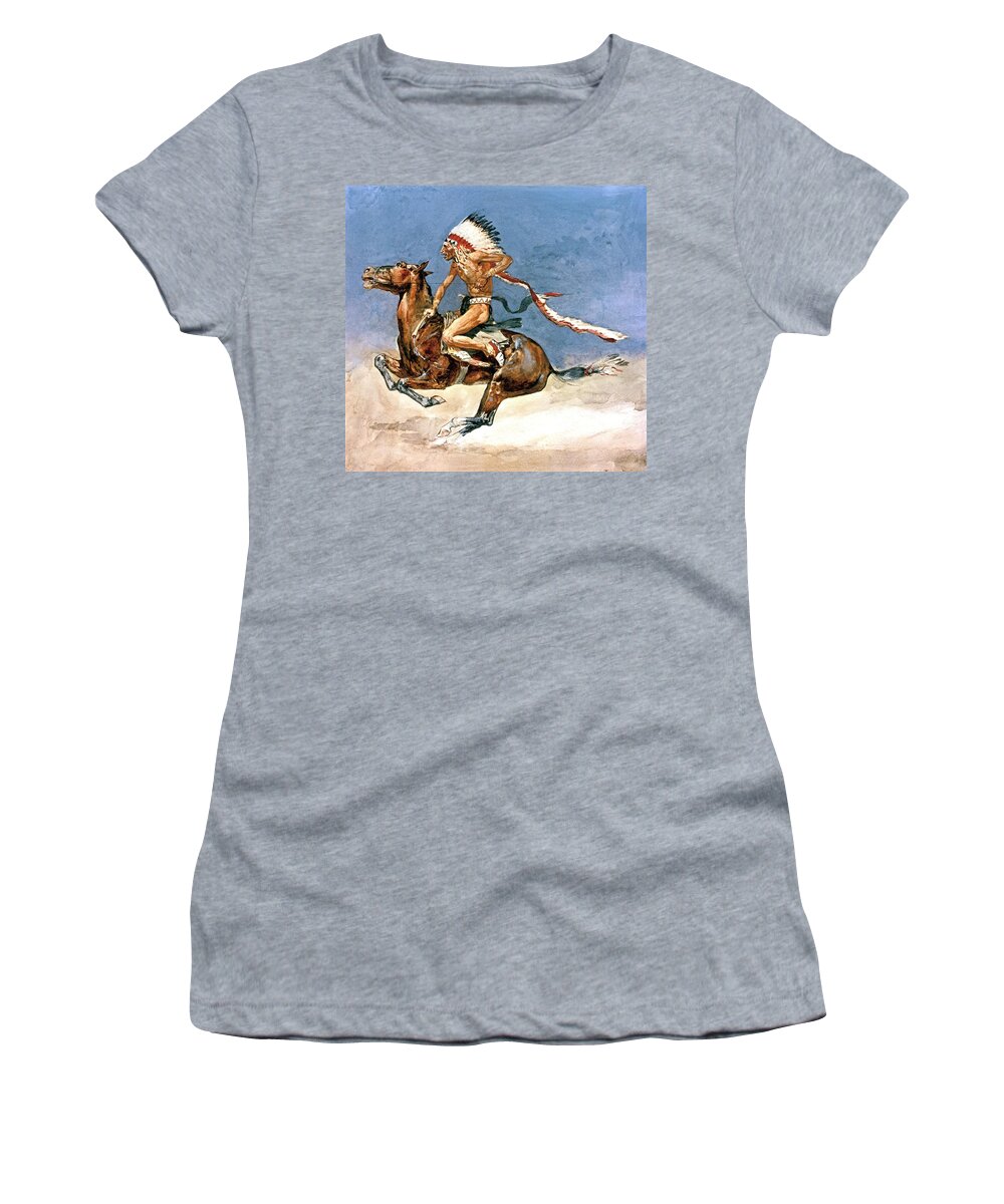 Pony War Dance. Frederic Remington Women's T-Shirt featuring the digital art Pony War Dance by Frederic Remington