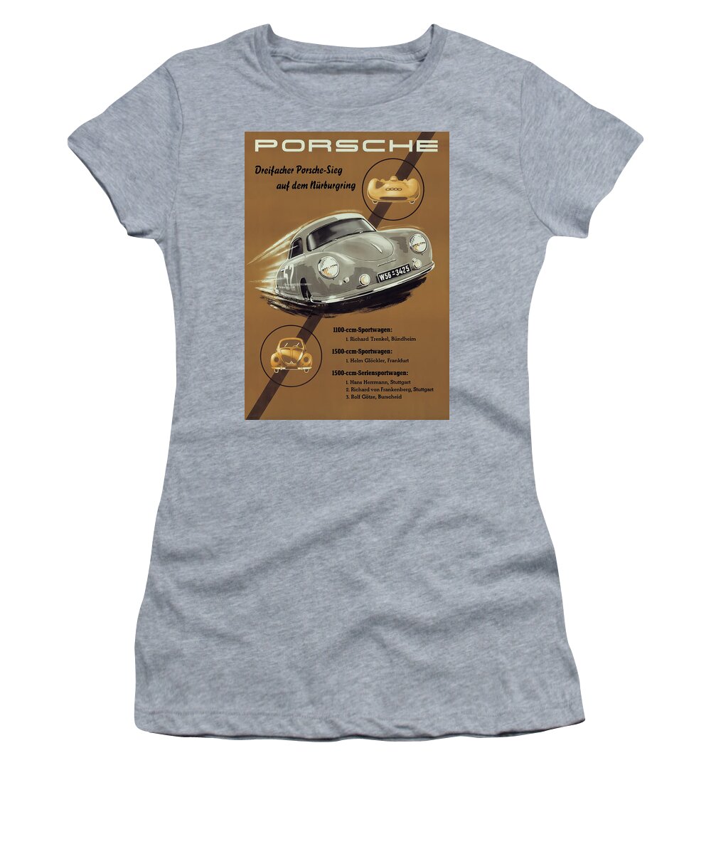 Porsche Women's T-Shirt featuring the digital art Porsche Nurburgring 1950s vintage poster by Georgia Fowler