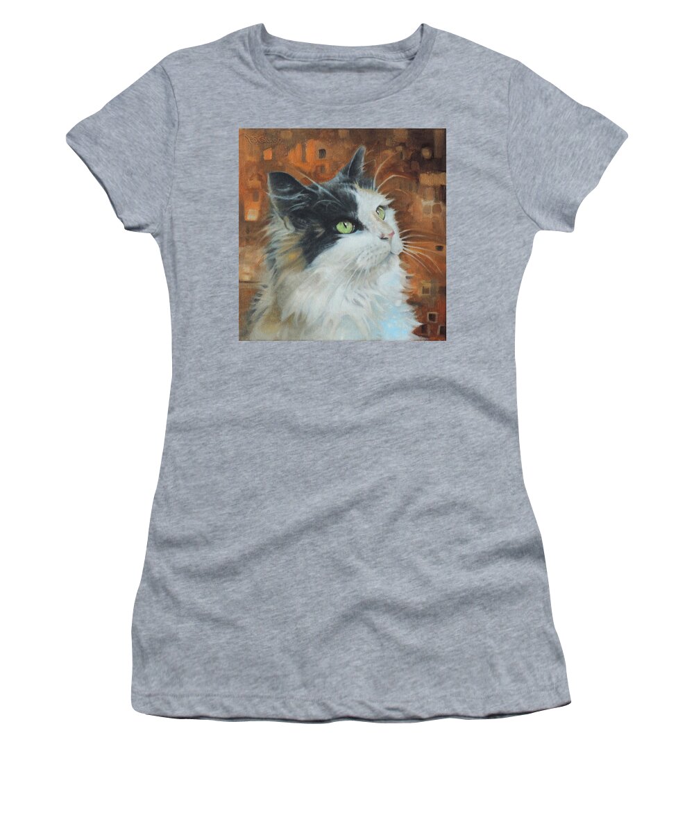 Cats Kittens Kitty Kitties Pet Portraits Oil Painting Domestic Animals Women's T-Shirt featuring the painting Portrait of Daisy by T S Carson