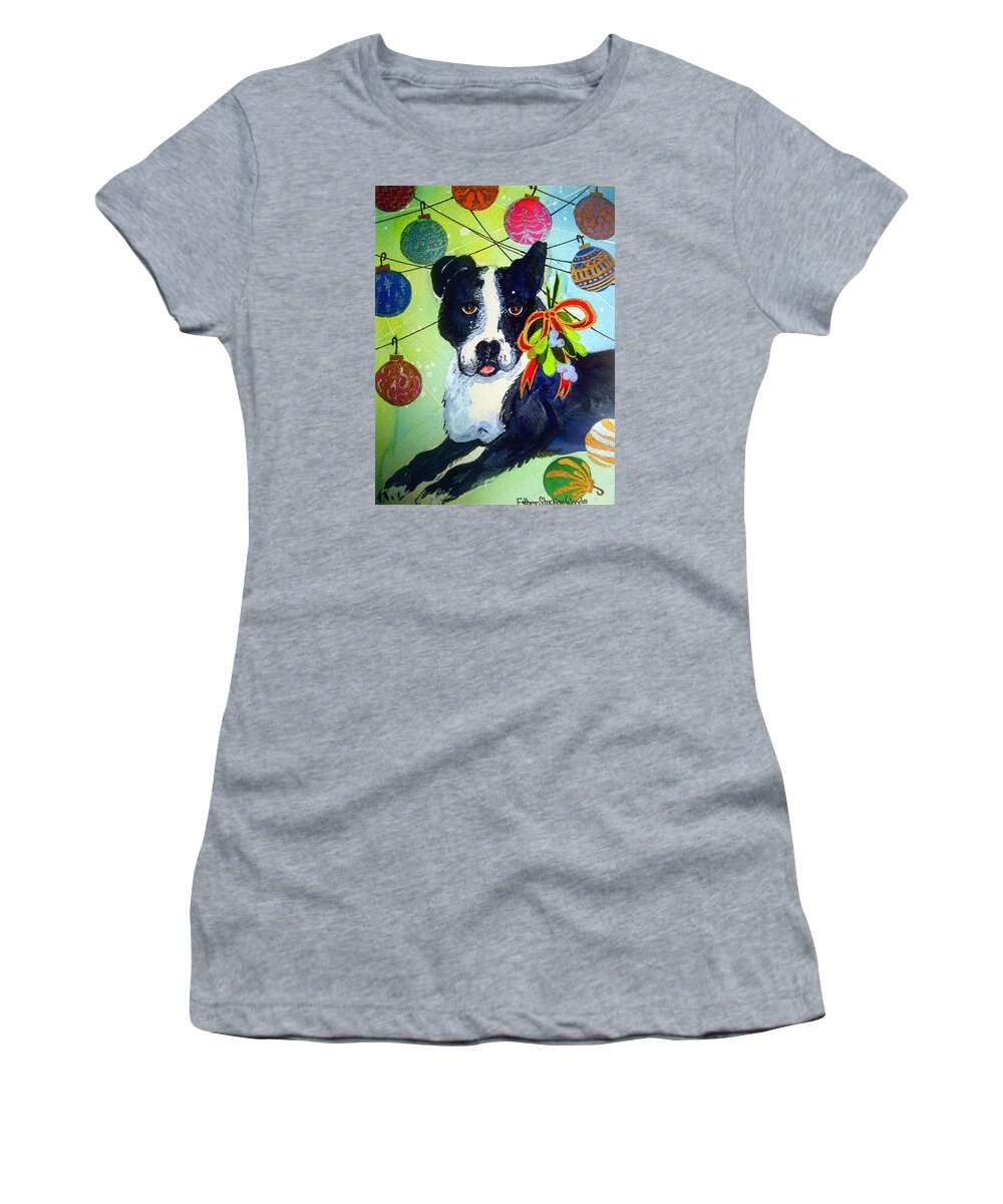  Women's T-Shirt featuring the painting Posey at Christmas 2015 by Esther Woods