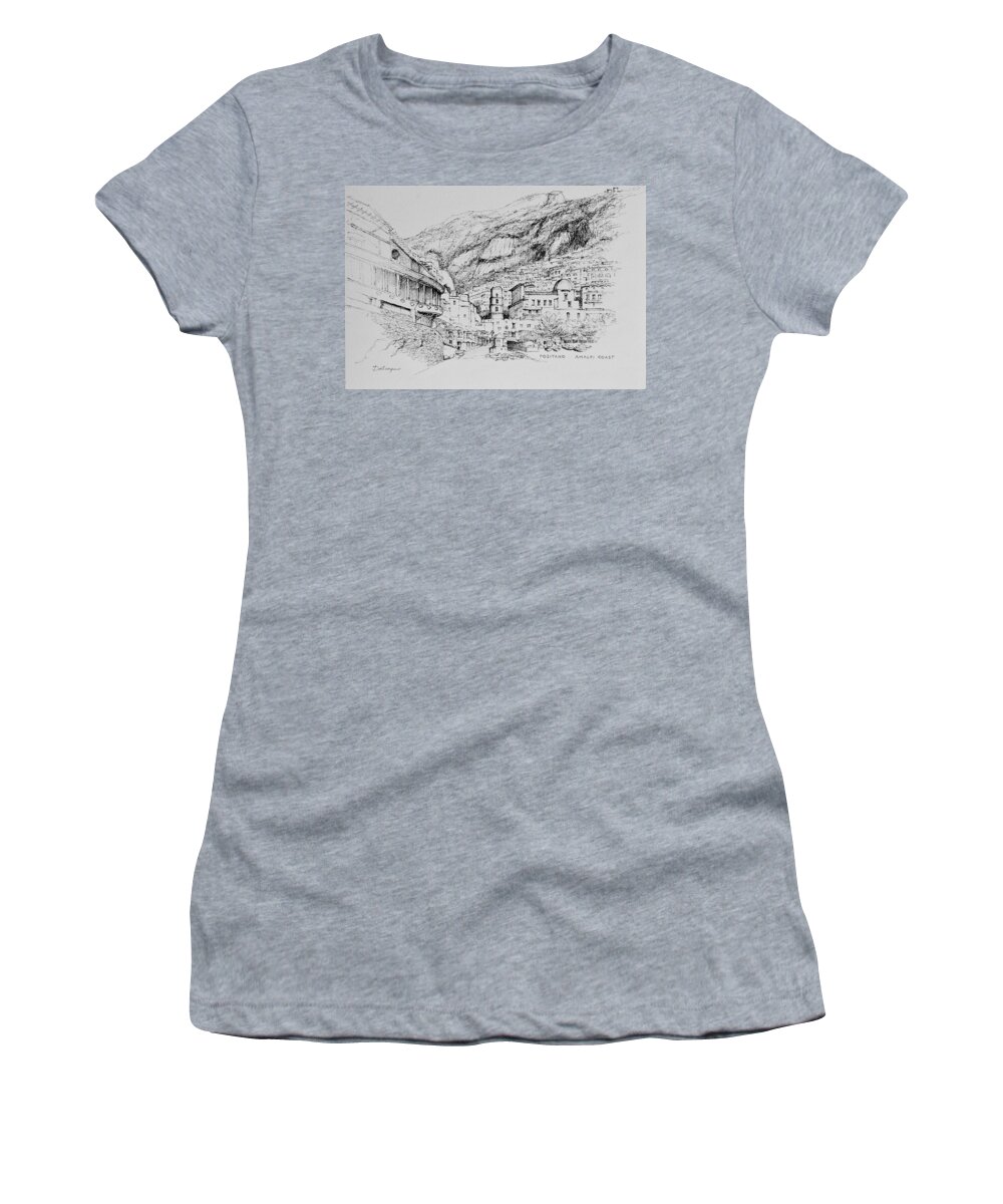 Italy Women's T-Shirt featuring the drawing Positano on the Amalfi Coast of Italy by Dai Wynn