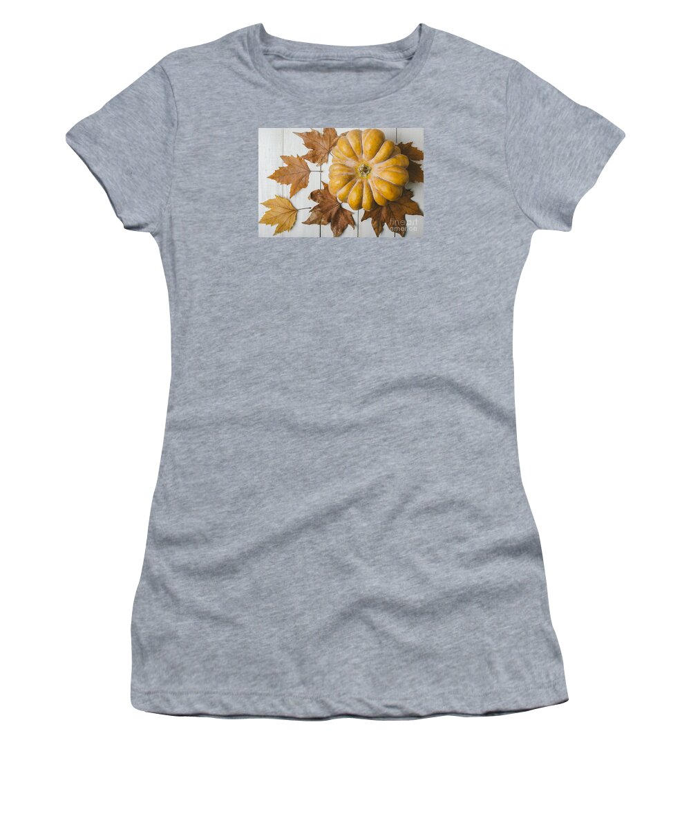 Pumpkin Women's T-Shirt featuring the photograph Pumkin and maple leaves by Jelena Jovanovic