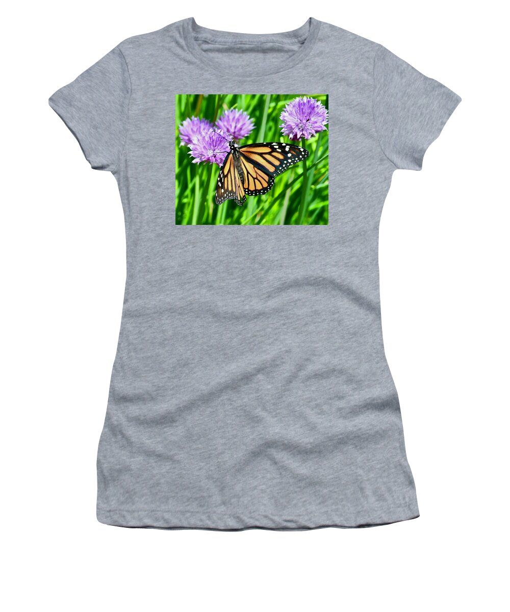 Nature Women's T-Shirt featuring the photograph Purple Chive and Monarch by Hella Buchheim