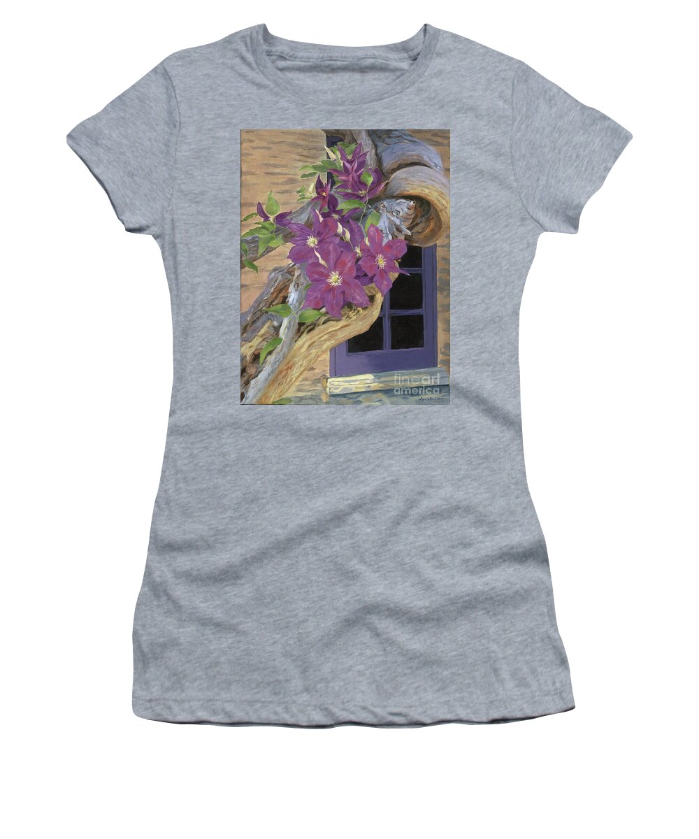 Acrylic Women's T-Shirt featuring the painting Purple Clematis by Lynne Reichhart