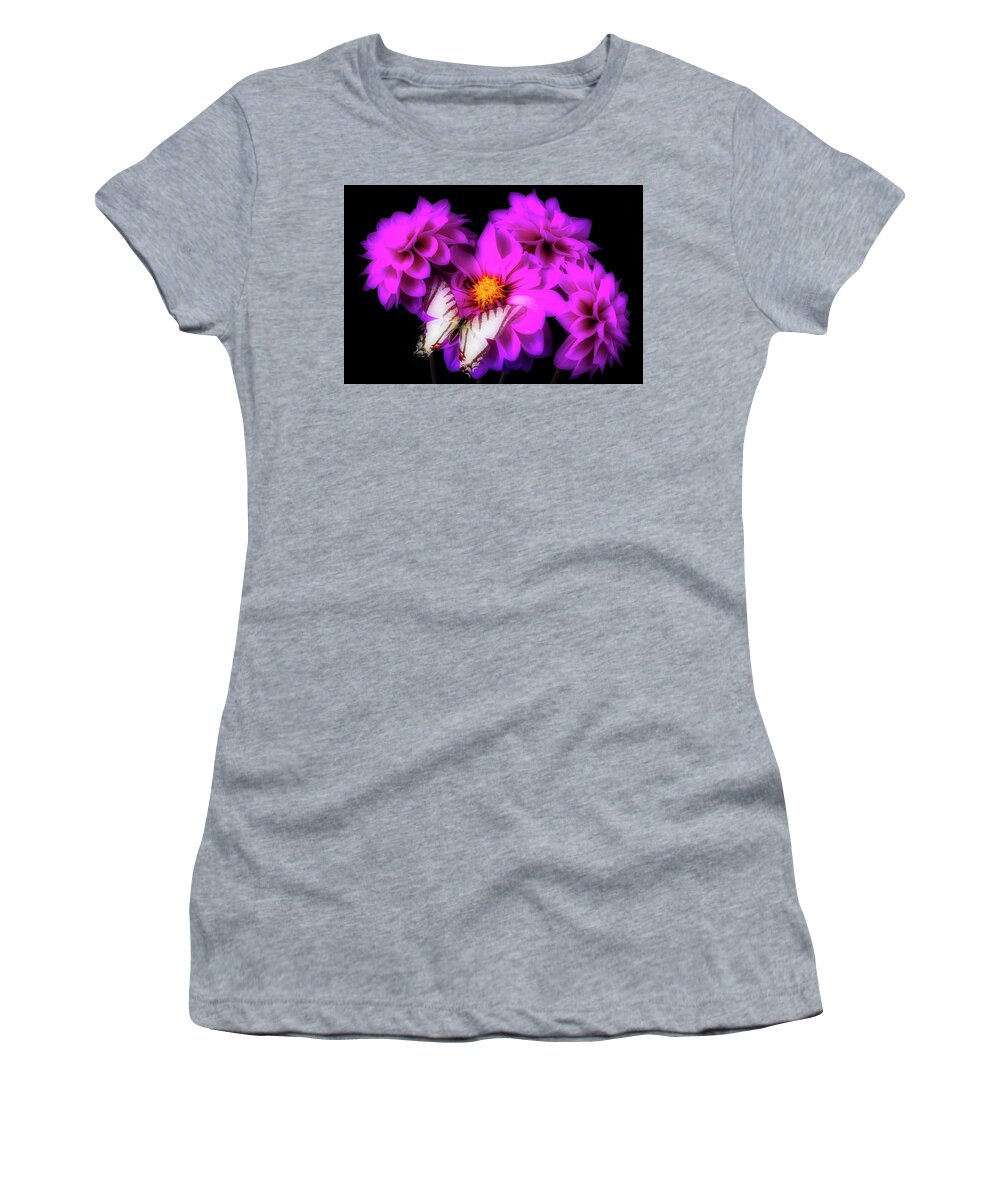 Butterfly Women's T-Shirt featuring the photograph Purple Dahlias And Butterfly by Garry Gay