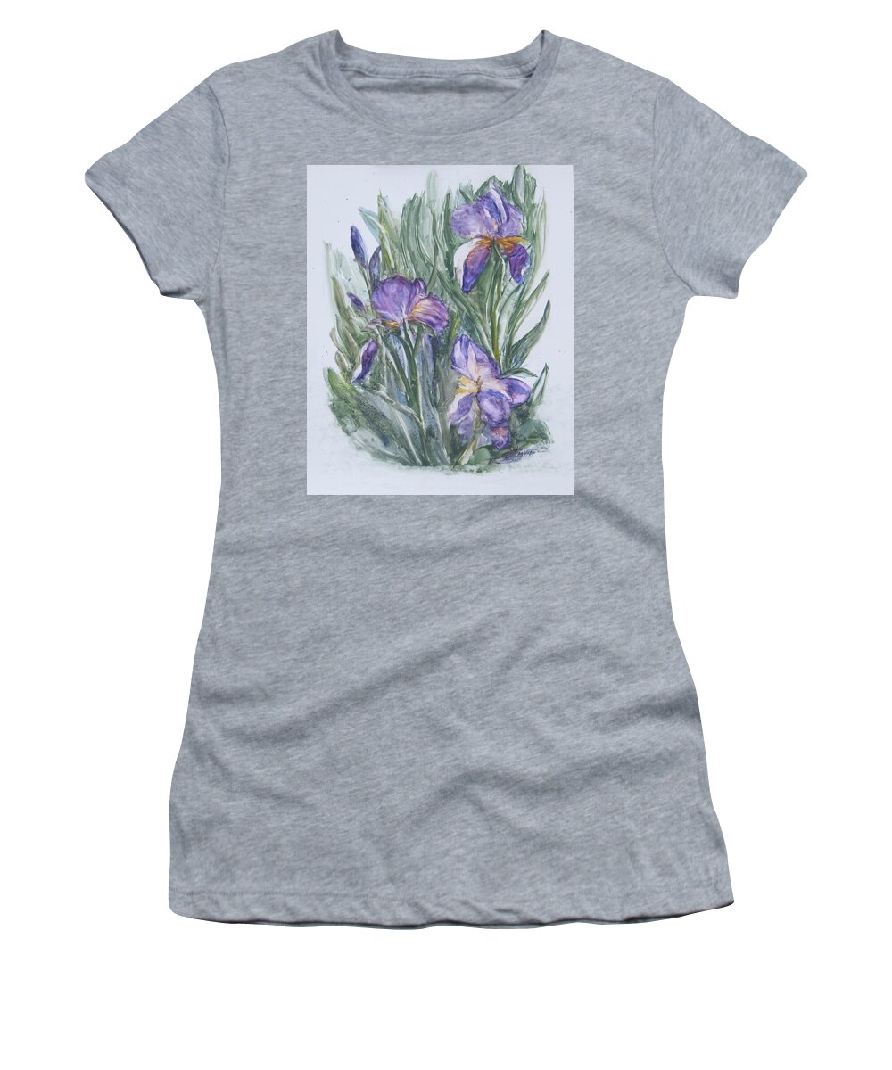 Painting Women's T-Shirt featuring the painting Purple Iris Watercolor by Paula Pagliughi