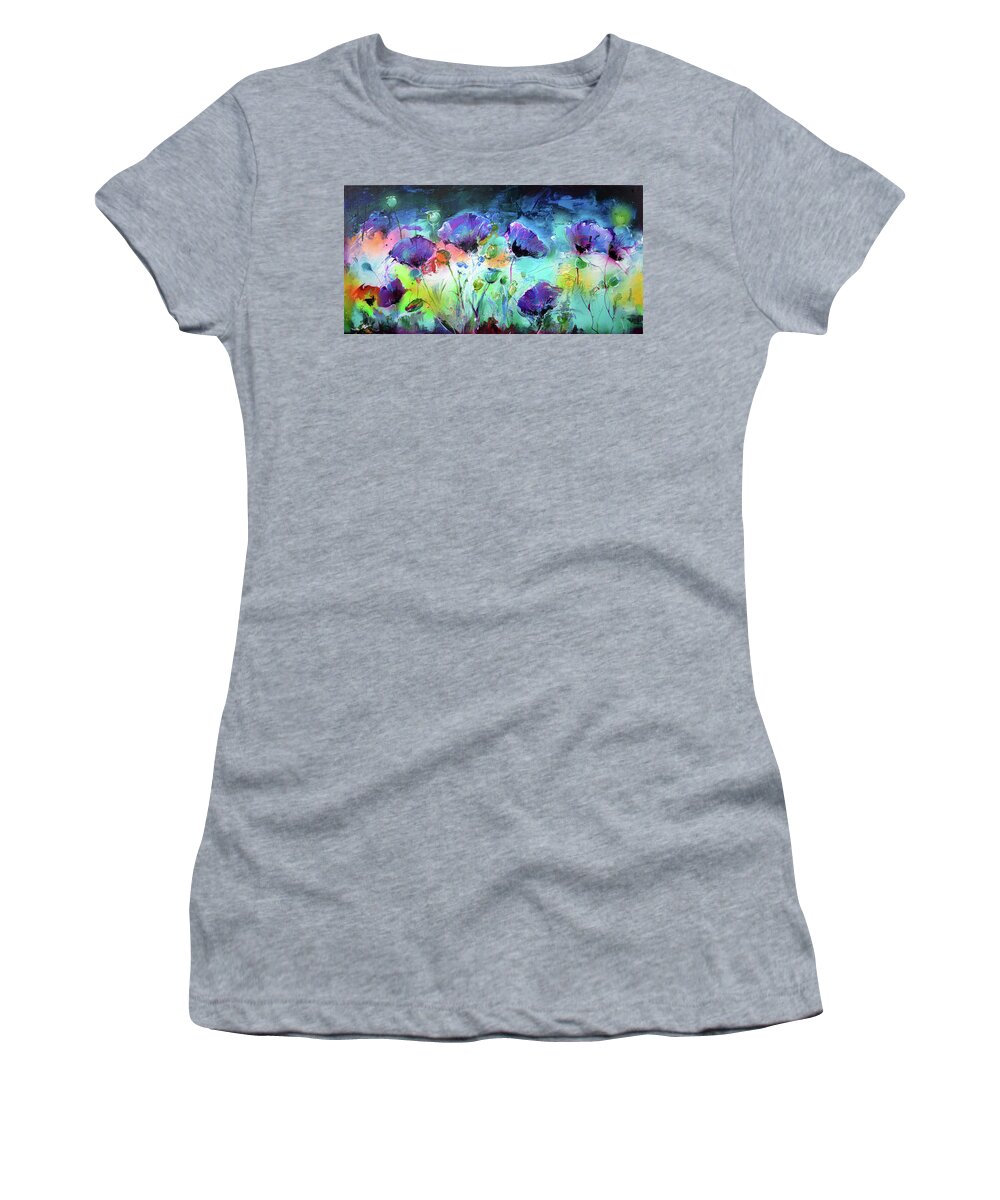 Abstract Women's T-Shirt featuring the painting Purple Opium Poppy, Poppies Modern Painting by Soos Roxana Gabriela