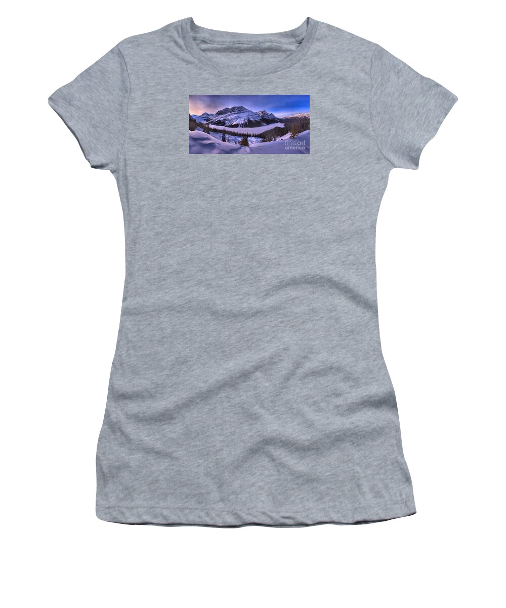 Peyto Lake Women's T-Shirt featuring the photograph Purple Skies At Peyto Lake by Adam Jewell