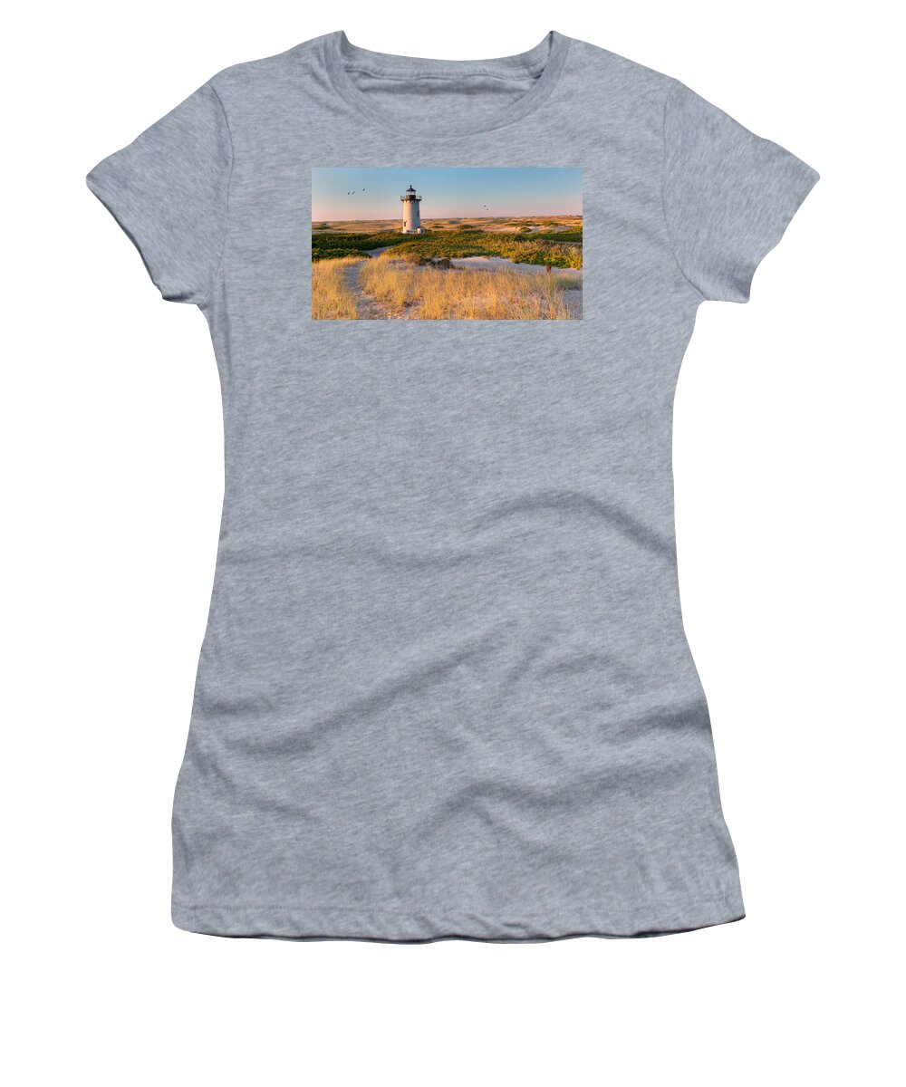Race Point Light Women's T-Shirt featuring the photograph Race Point Light Sand Dunes by Bill Wakeley