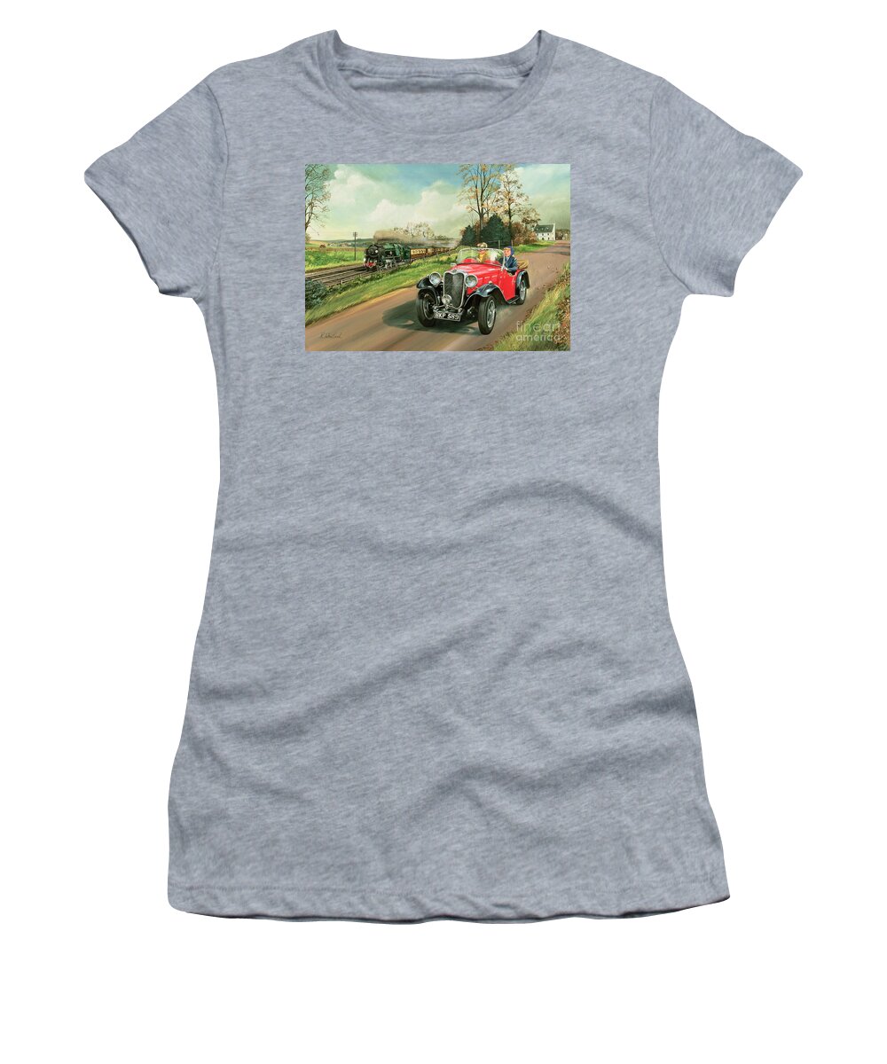 Train Women's T-Shirt featuring the painting Racing the Train by Richard Wheatland