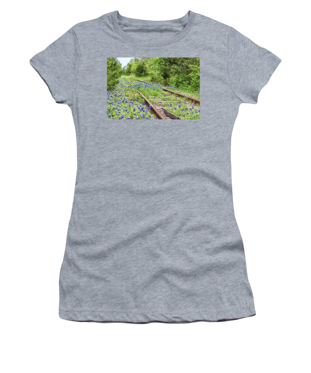 Texas Wildflowers Women's T-Shirt featuring the photograph Rails and Bluebonnets 1 by Victor Culpepper