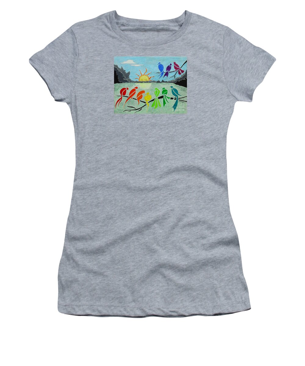 Rainbow Birds Women's T-Shirt featuring the painting Rainbow Birds Sunrise -- Stylized Birds on Branches in Rainbow Colors by Jayne Somogy