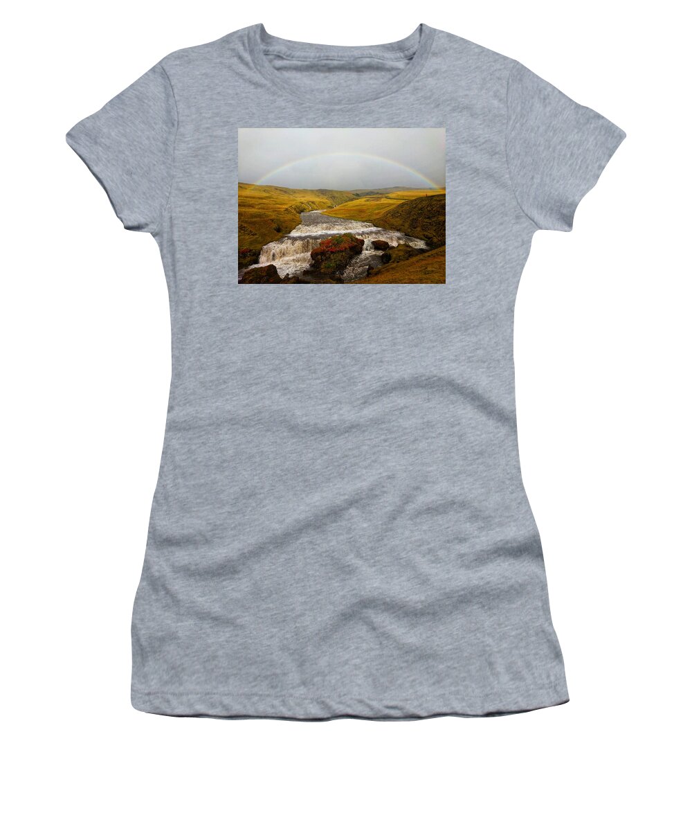 Skogafoss Women's T-Shirt featuring the photograph Rainbow over Falls on Skoga River by William Slider