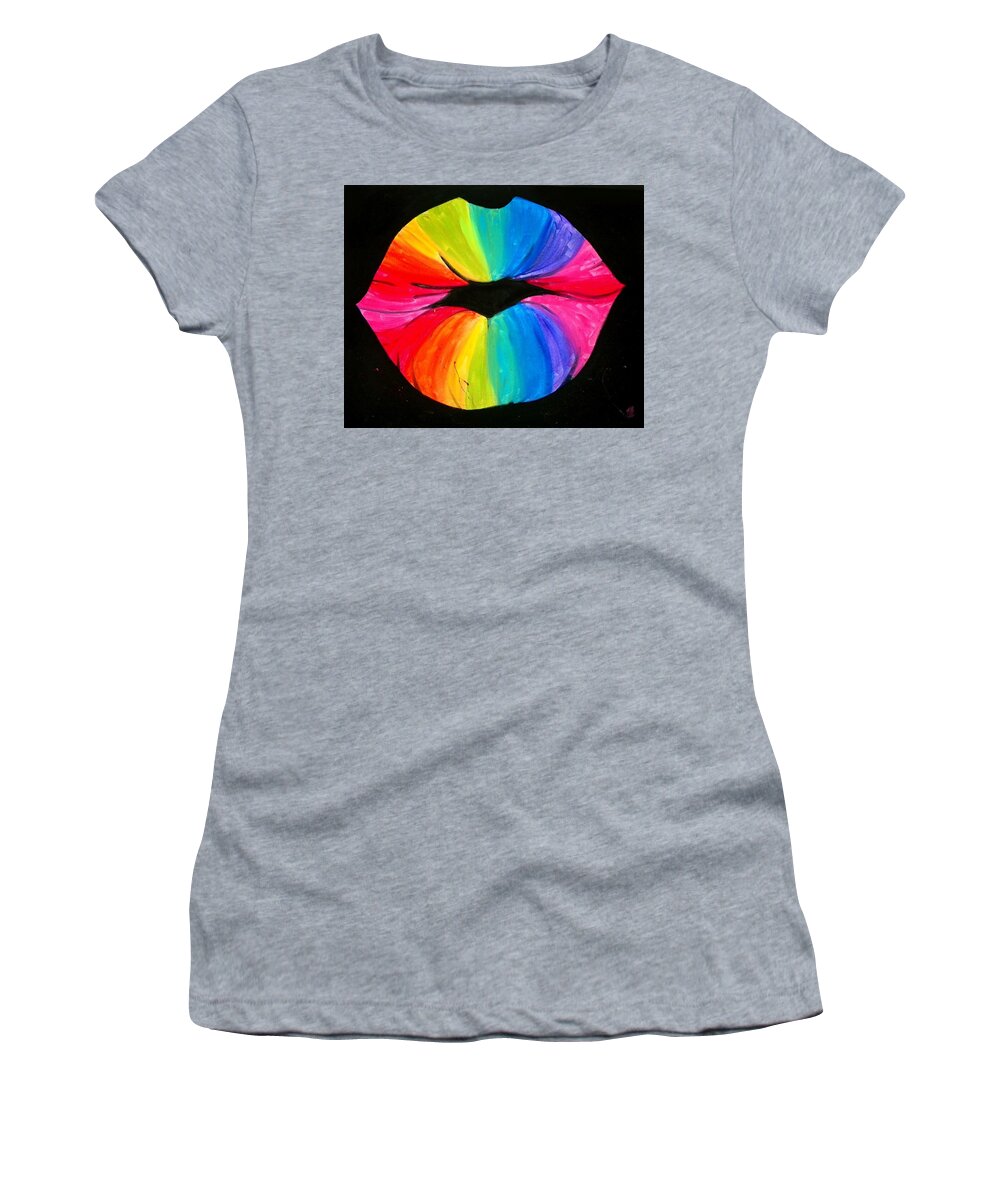 Rainbow Women's T-Shirt featuring the painting Rainbow Smooch by Marisela Mungia