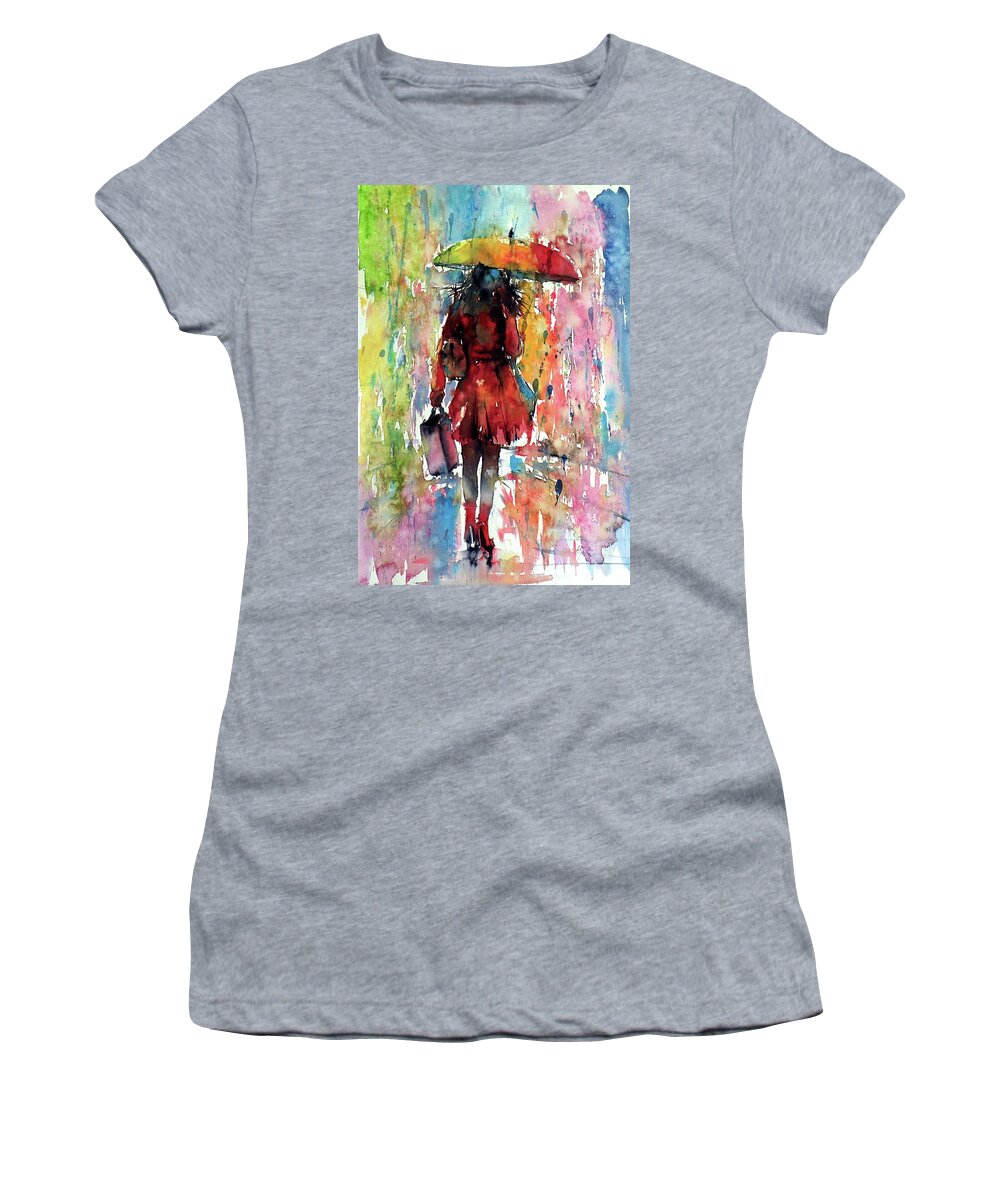 Umbrella Women's T-Shirt featuring the painting Rainy day by Kovacs Anna Brigitta