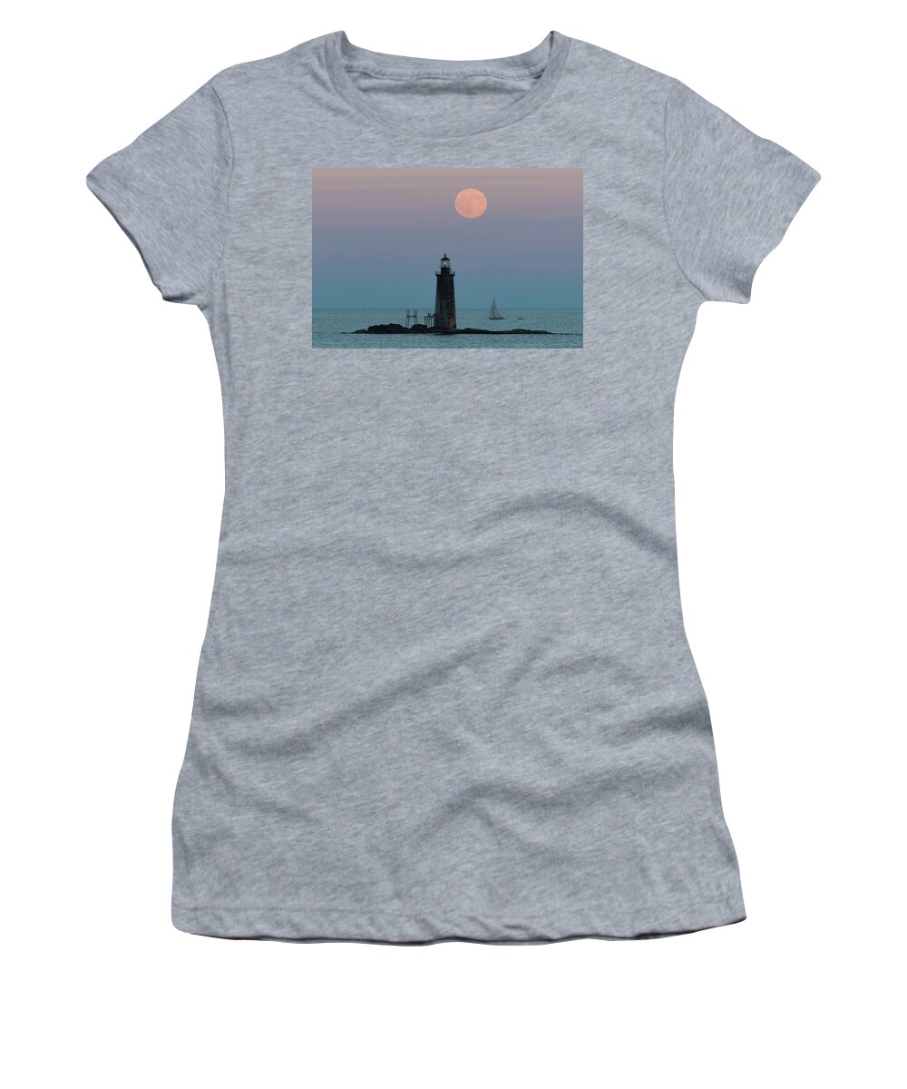 Maine Women's T-Shirt featuring the photograph Ram Island Light Buck Moon and Sailboat by Colin Chase