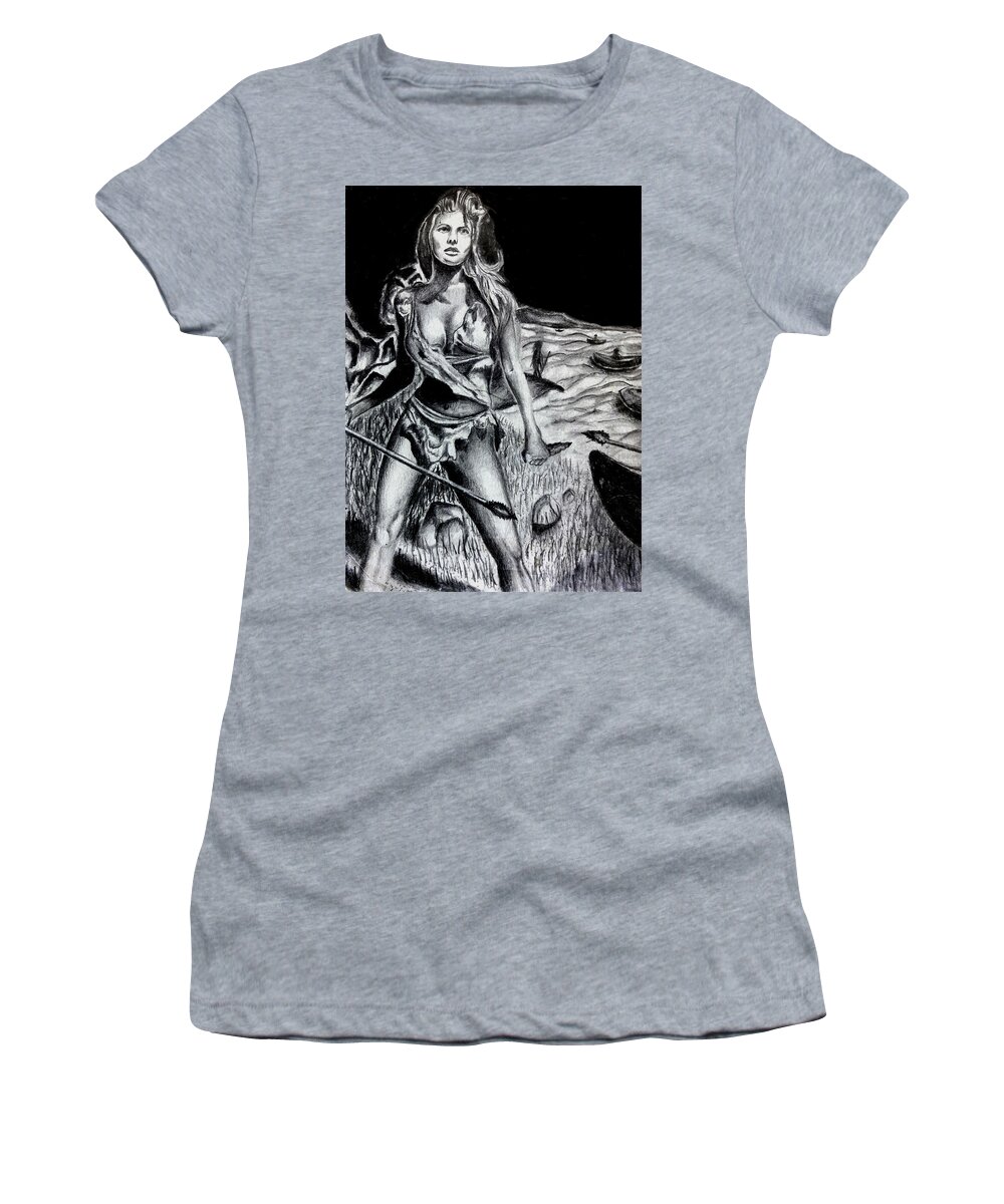  Women's T-Shirt featuring the drawing Raquel Welch In One Million Years BC by James Dunbar