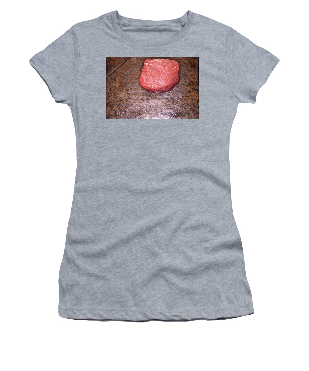 Beef Women's T-Shirt featuring the photograph Raw filet mignon steak on slate by Karen Foley