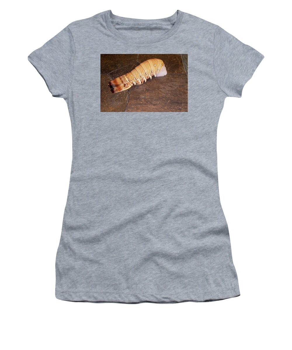 Close Up Women's T-Shirt featuring the photograph Raw lobster tail on slate table by Karen Foley