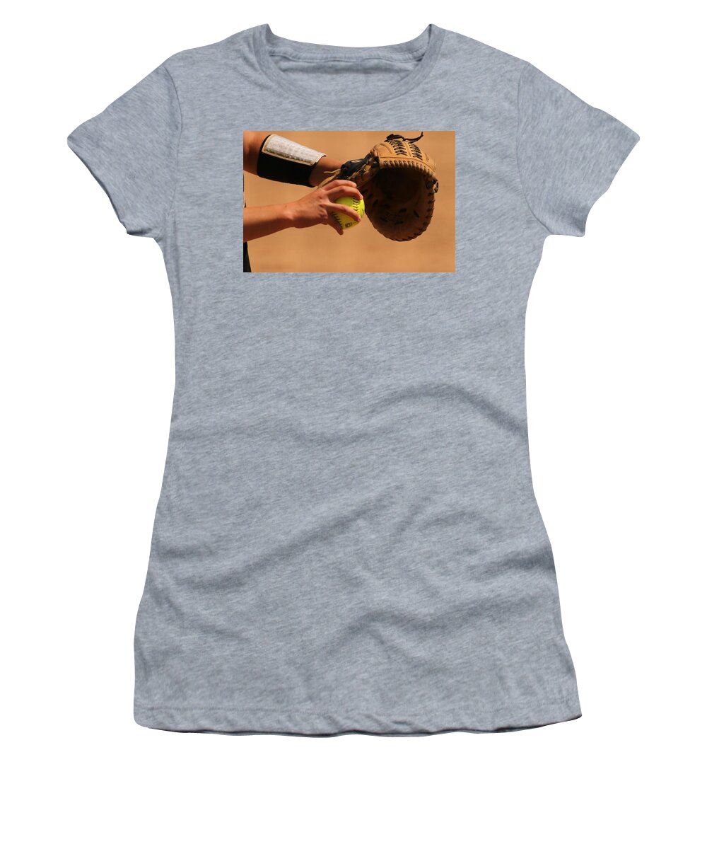 Softball Women's T-Shirt featuring the photograph Recoiling into a Throw by Laddie Halupa