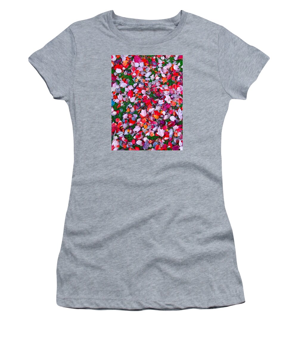 Red Women's T-Shirt featuring the photograph Red and Green Leaves by Suzanne Lorenz