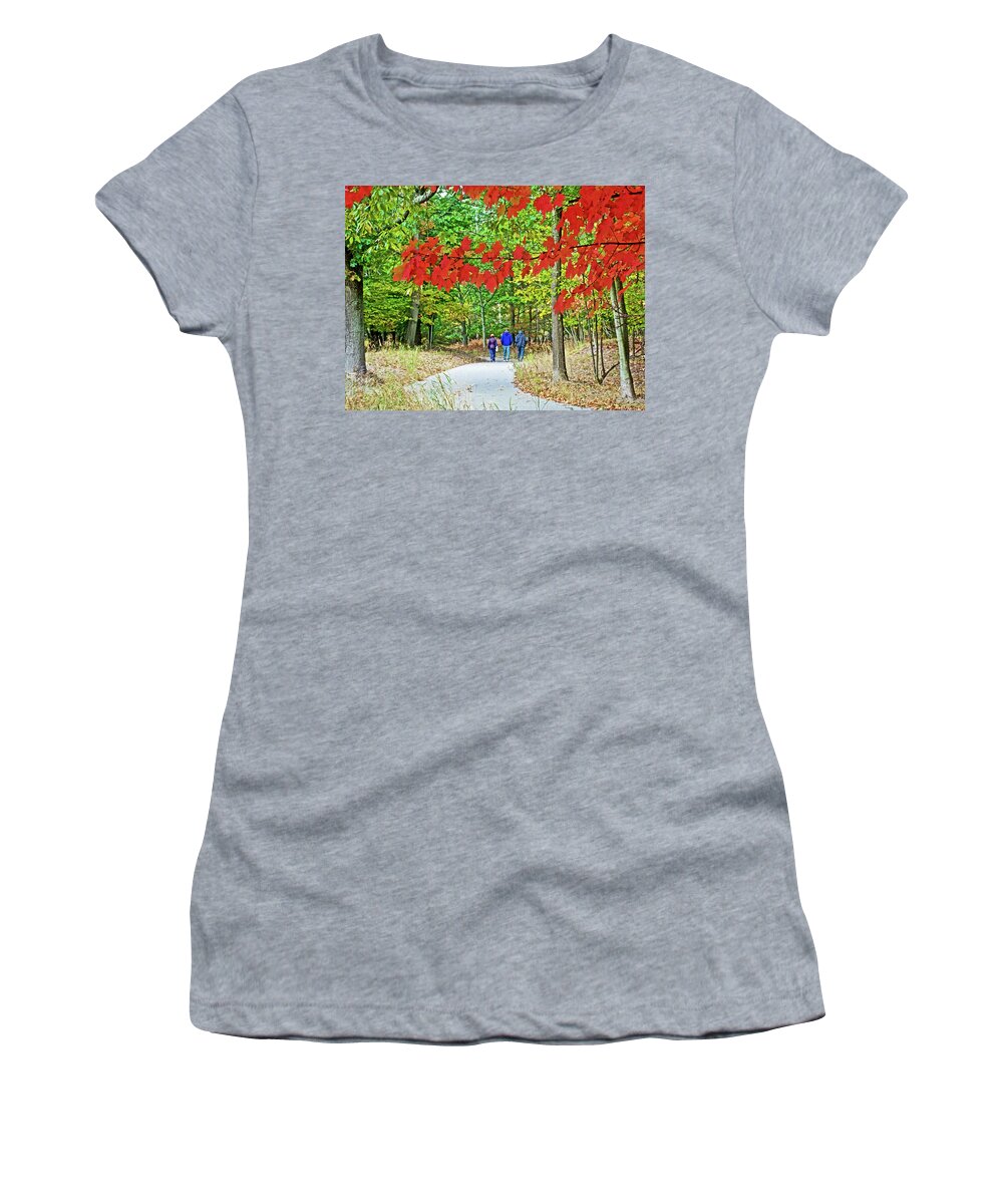 Red Autumn Leaves Over Trail To North Beach Park In Ottawa County Women's T-Shirt featuring the photograph Red Autumn Leaves over Trail to North Beach Park in Ottawa County, Michigan by Ruth Hager