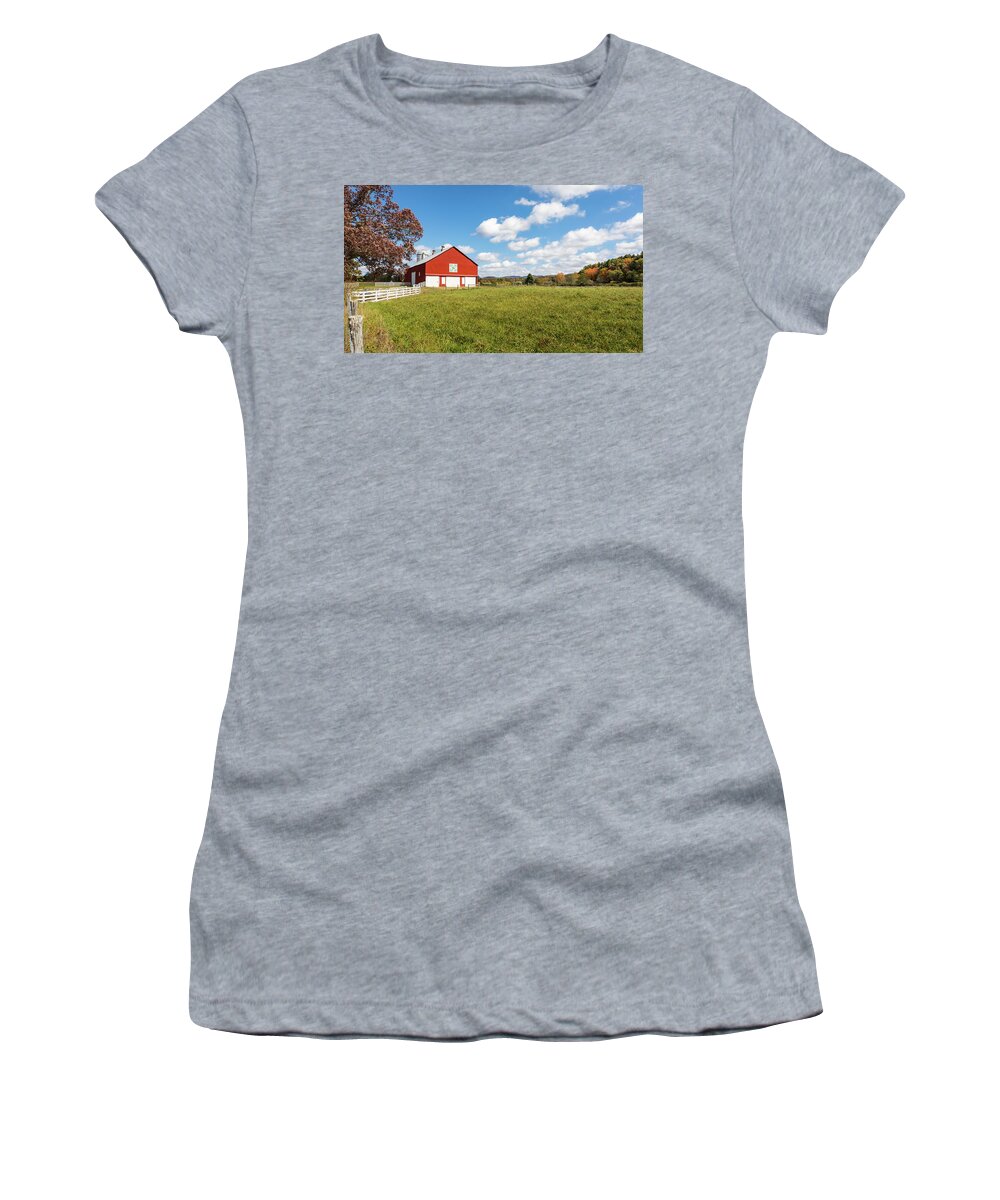 Photosbymch Women's T-Shirt featuring the photograph Red Barn in Green Bank by M C Hood
