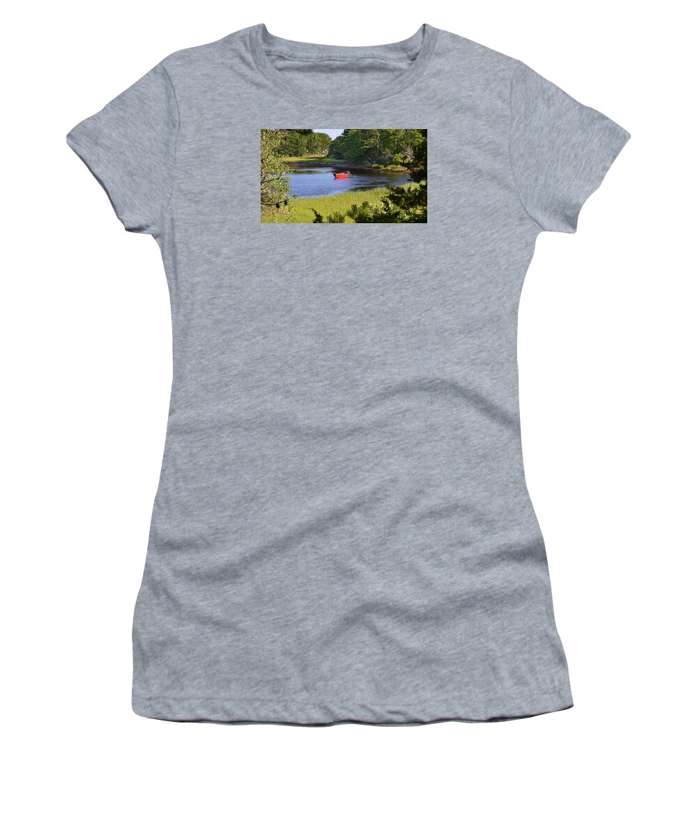 Cape Cod Women's T-Shirt featuring the photograph Red Boat on the Herring River by Ken Stampfer