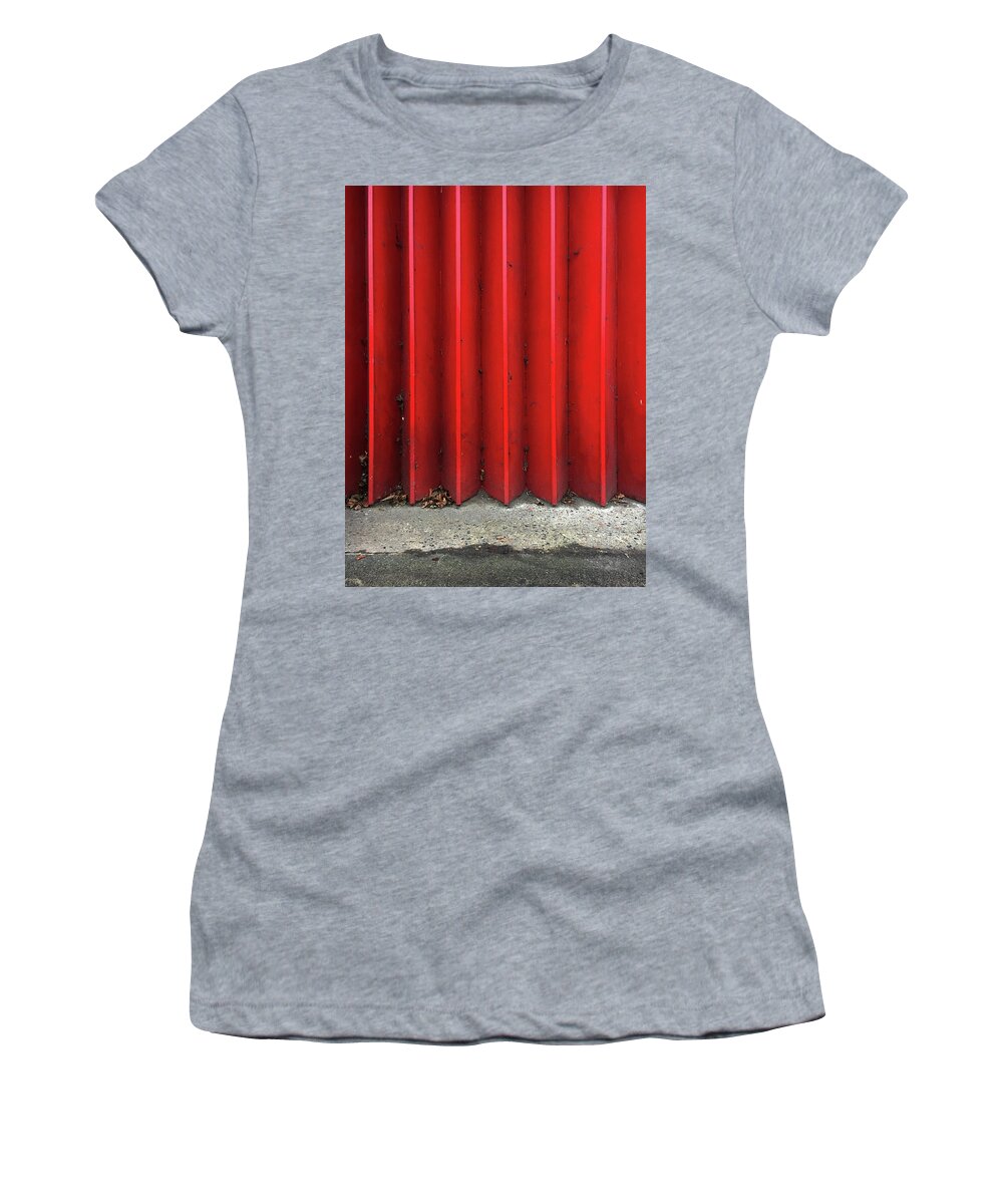 Background Women's T-Shirt featuring the photograph Red expanding metal by Tom Gowanlock