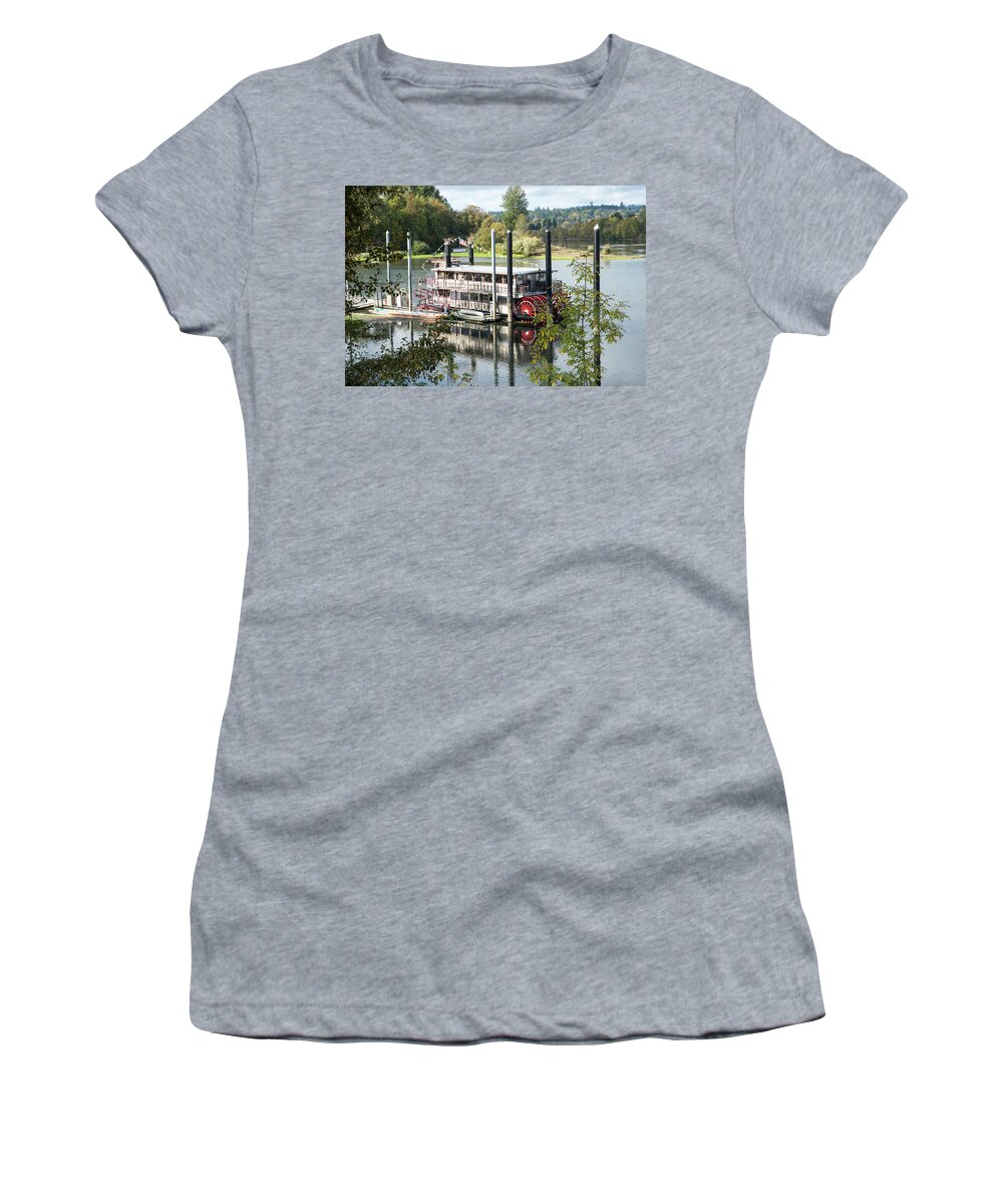 Paddle Wheeler; Boats; Leisure; Summer; Peaceful; Willamette River; Salem; Oregon; Willamette Queen; Riverfront City Park; Carousel; Paddle Wheel Women's T-Shirt featuring the photograph Red Paddle Wheel by Tom Cochran