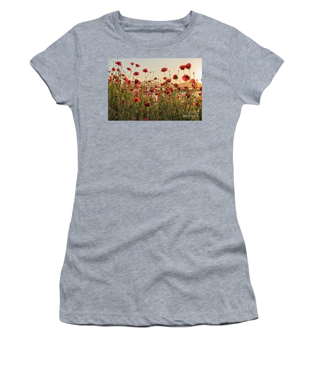 Poppy Women's T-Shirt featuring the photograph Red poppy flowers and Natchez bridge by Patricia Hofmeester