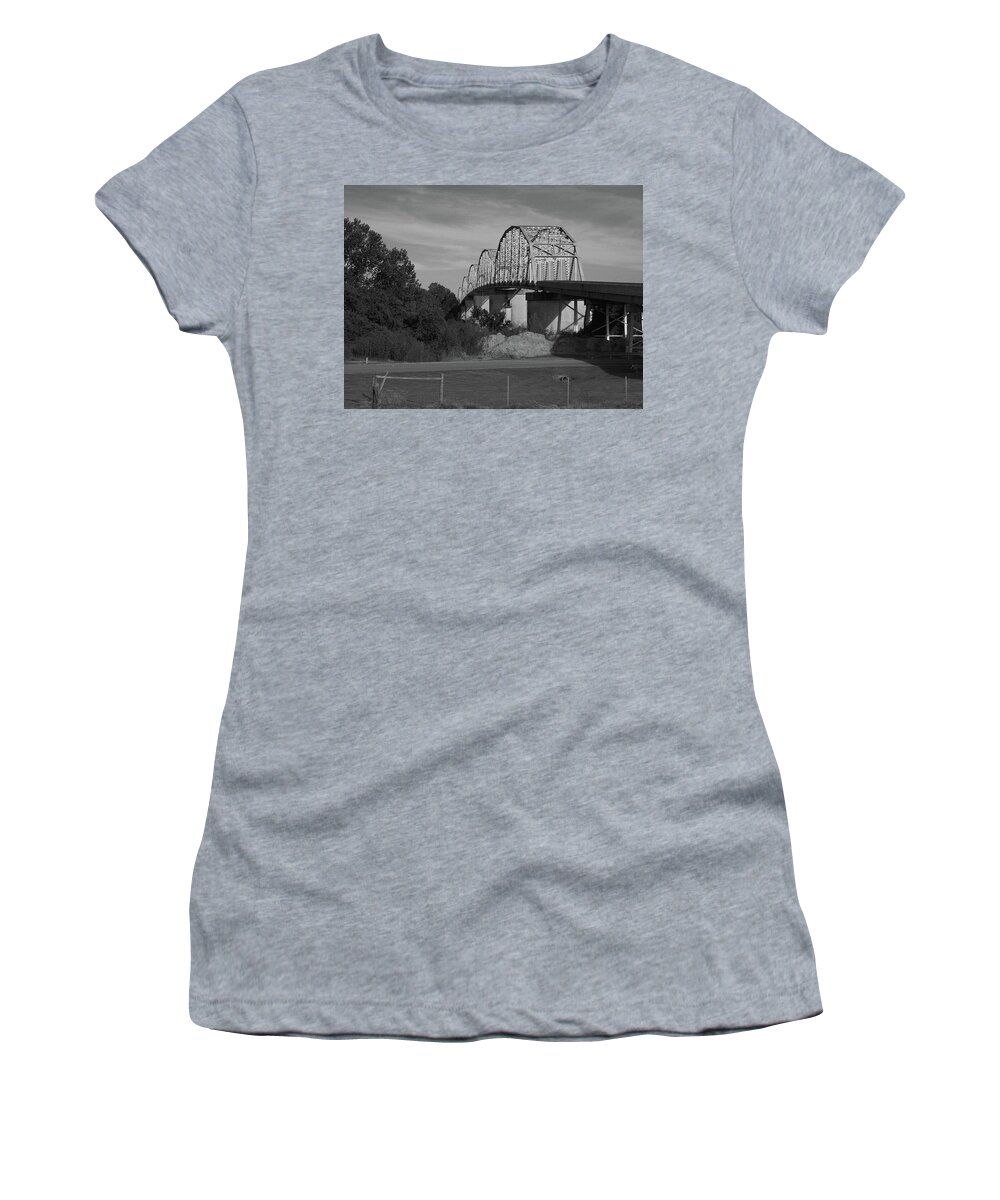 Landscape Women's T-Shirt featuring the pyrography Red River Bridge by Jerry Connally