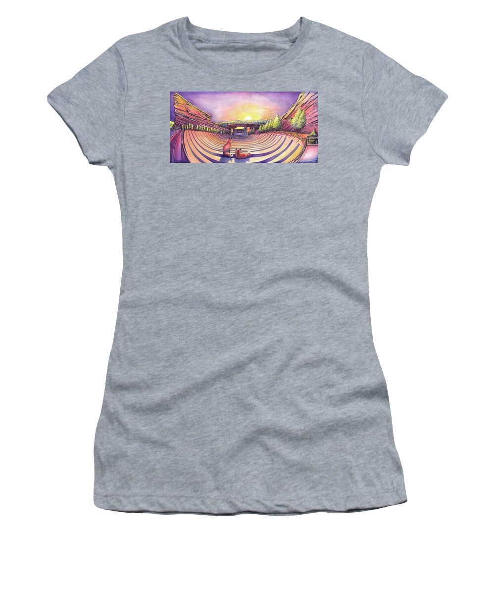 Red Rocks Women's T-Shirt featuring the painting Foxes at Red Rocks Sunrise by David Sockrider