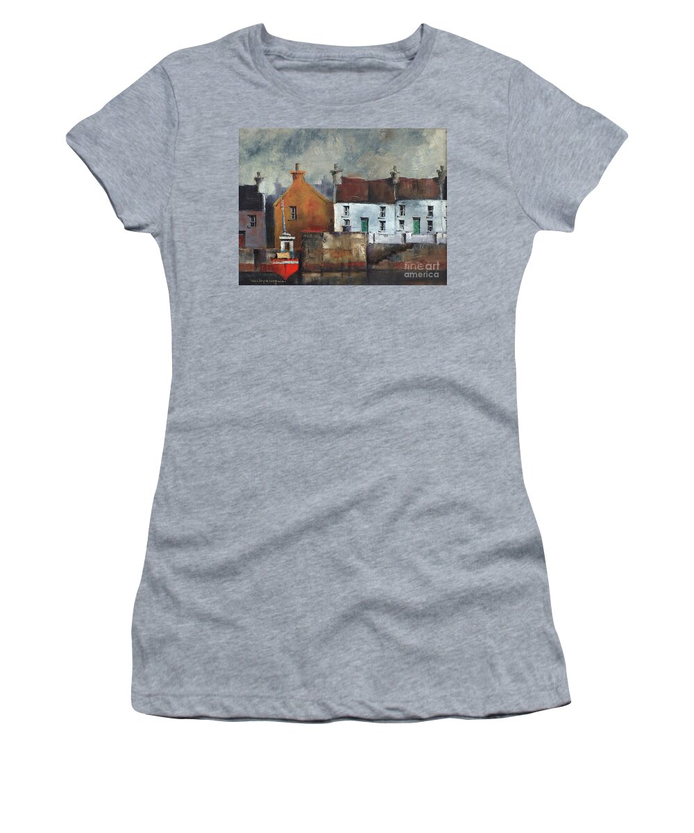 Val Byrne Women's T-Shirt featuring the painting Red Trawler in Aran by Val Byrne