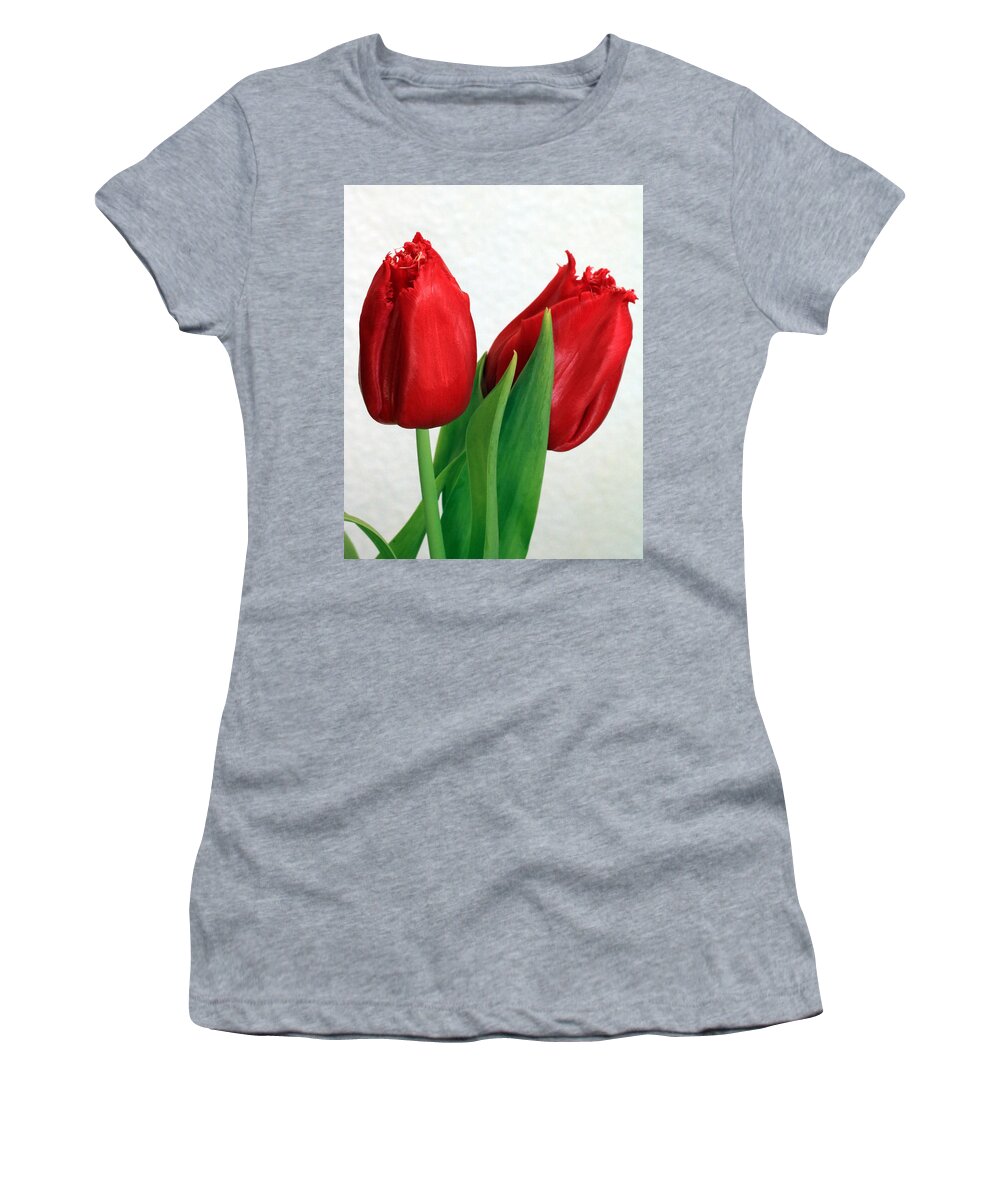 Nature Women's T-Shirt featuring the photograph Red Tulips on White by Sheila Brown