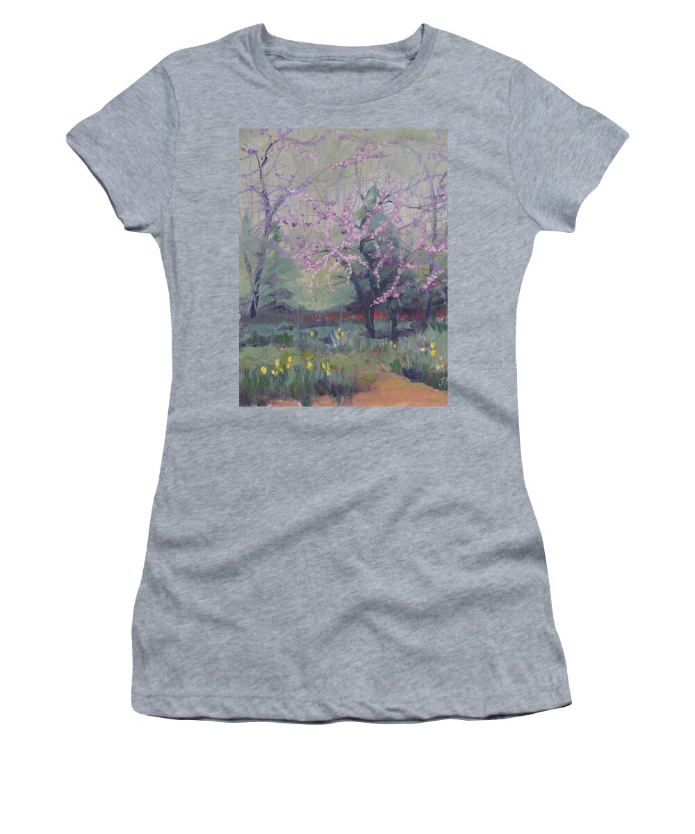 Redbuds Women's T-Shirt featuring the painting Redbuds and Tulips by Judy Fischer Walton