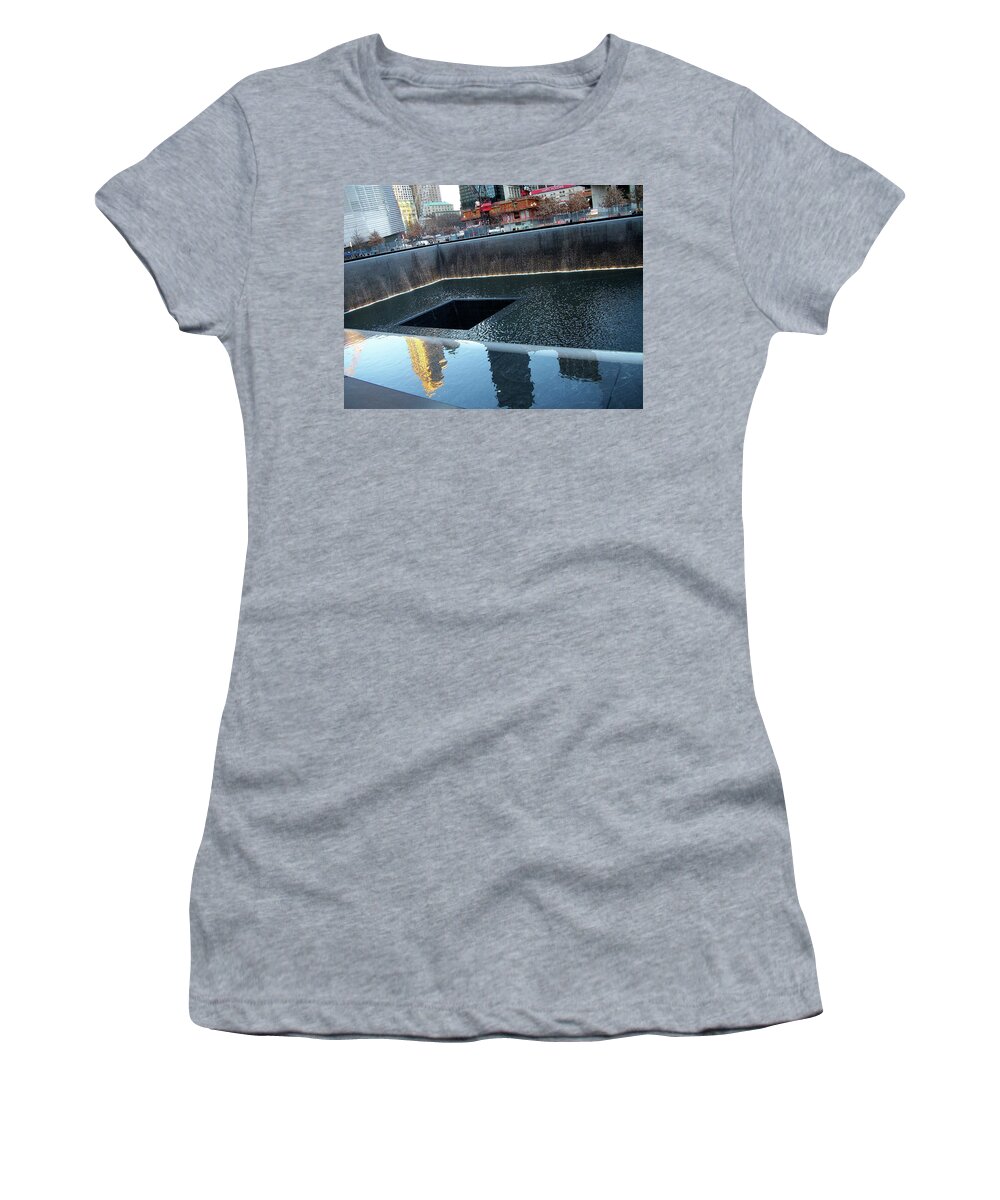 Reflecting Pool Women's T-Shirt featuring the photograph Reflecting Pool at 9/11 Memorial Site in NYC by Linda Stern