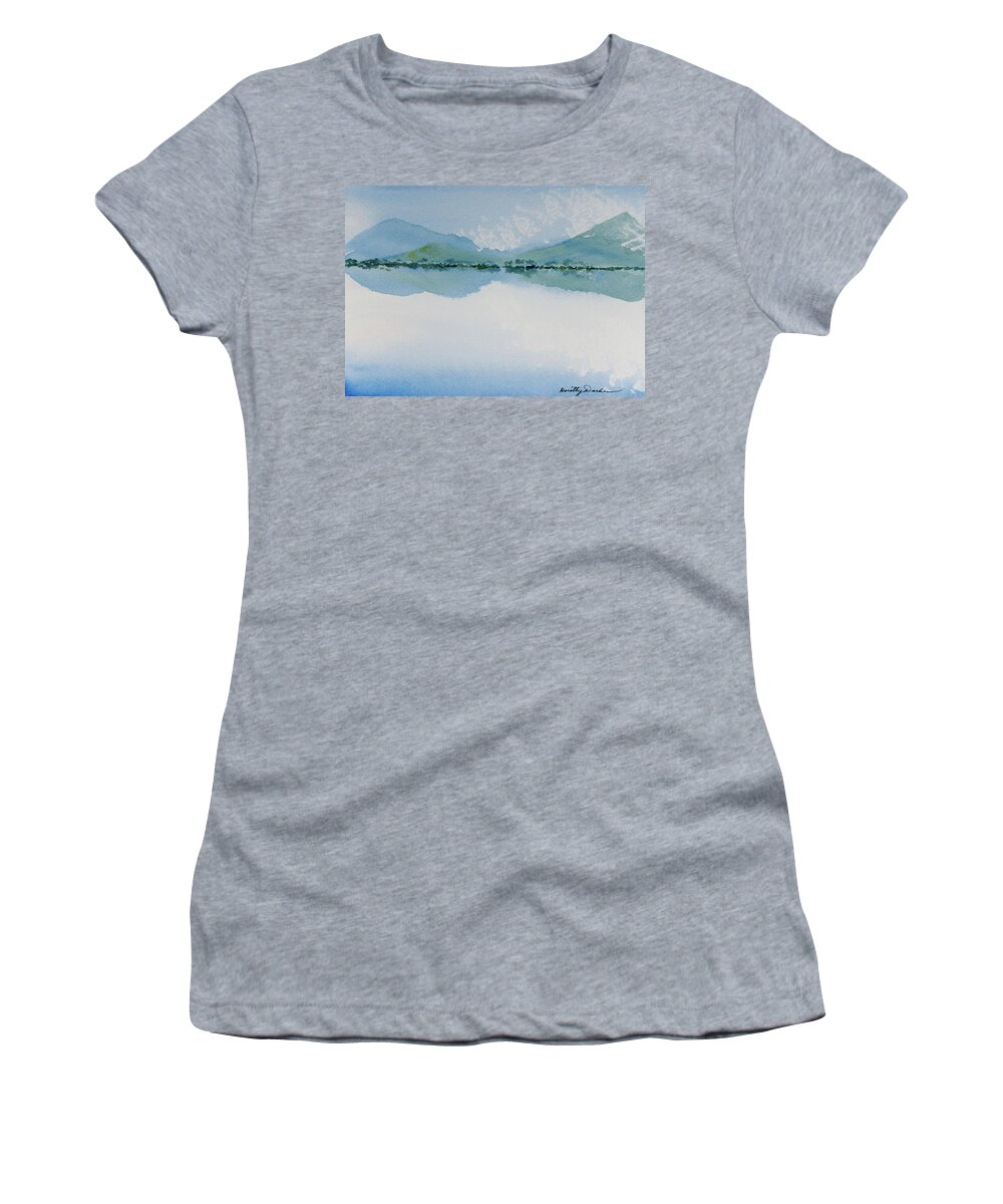 Australia Women's T-Shirt featuring the painting Reflections of the skies and mountains surrounding Bathurst Harbour by Dorothy Darden