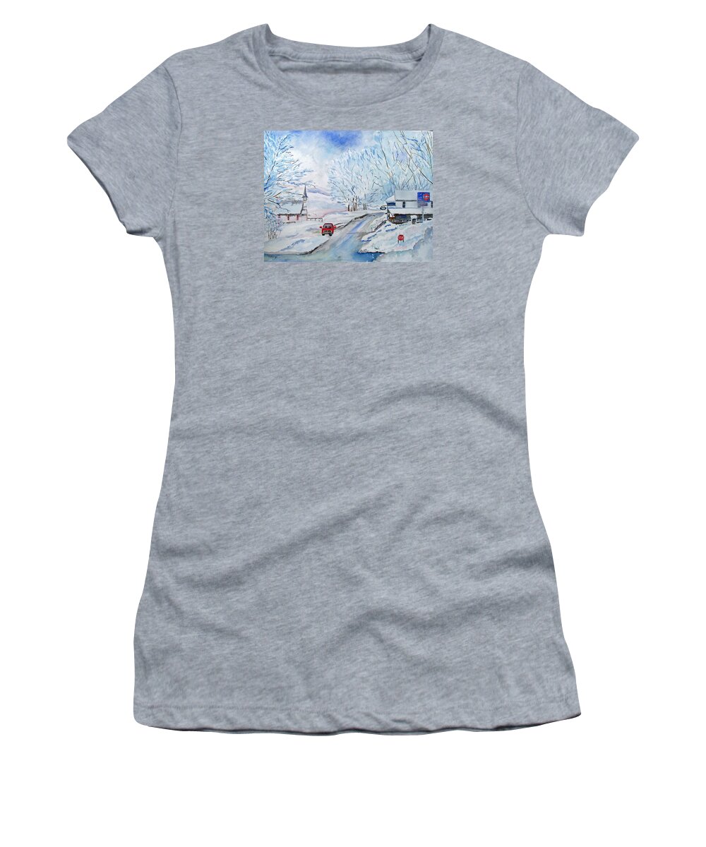 Snow Women's T-Shirt featuring the painting Refuge from the Storm by Christine Lathrop