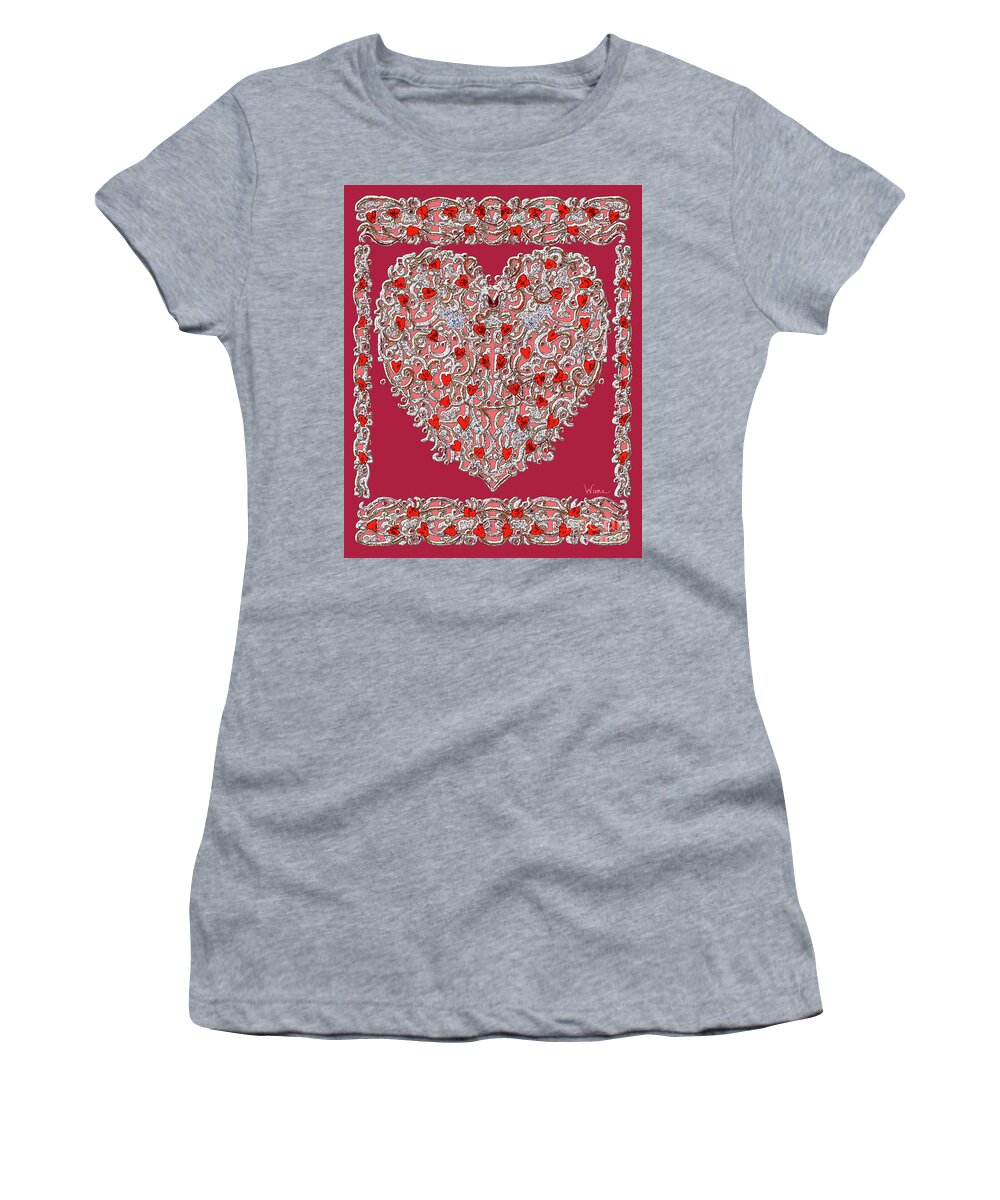 Lise Winne Women's T-Shirt featuring the digital art Renaissance Style Heart with Dark Red Background by Lise Winne