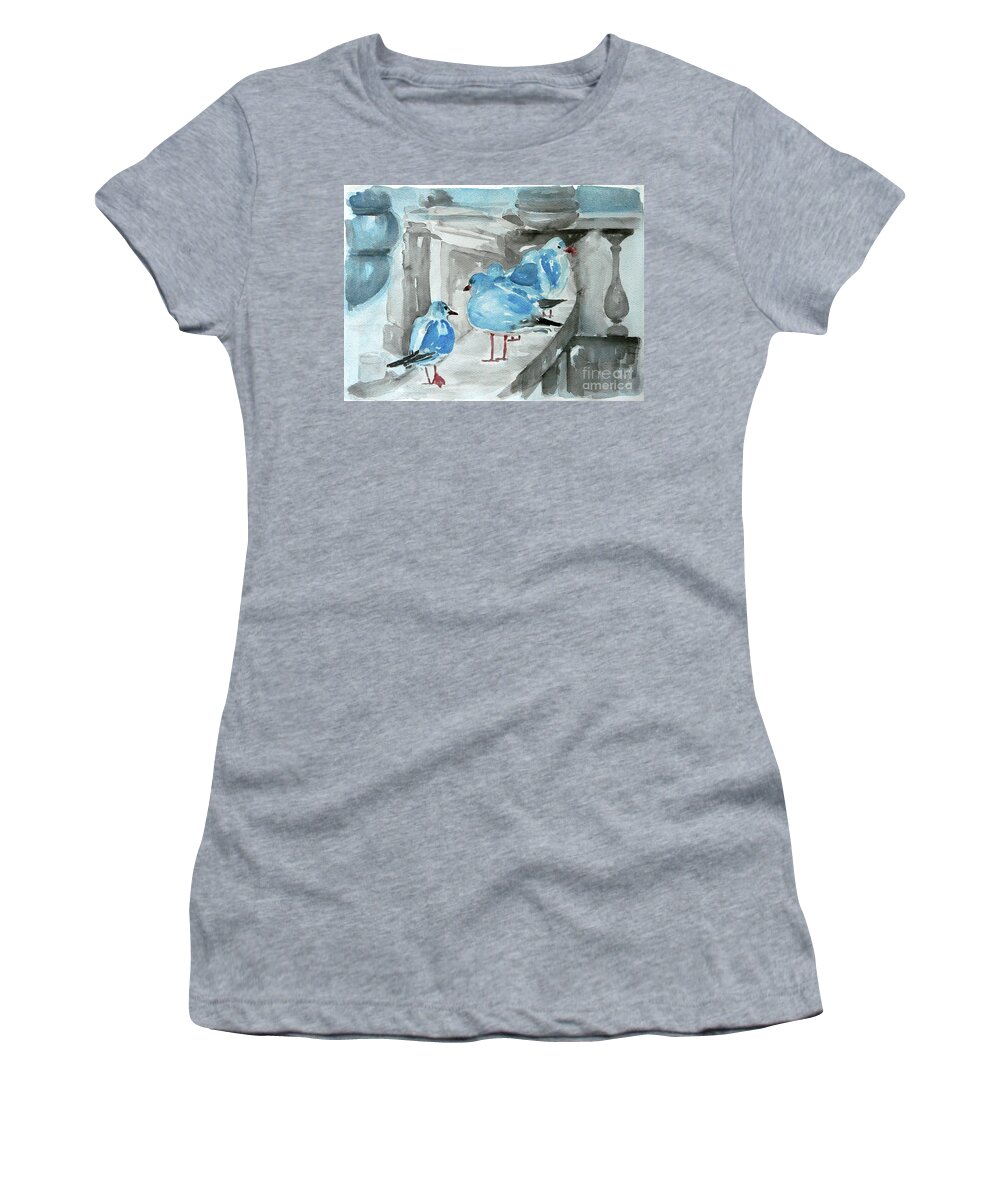 Seagulls Women's T-Shirt featuring the painting Rest by the sea by Jasna Dragun