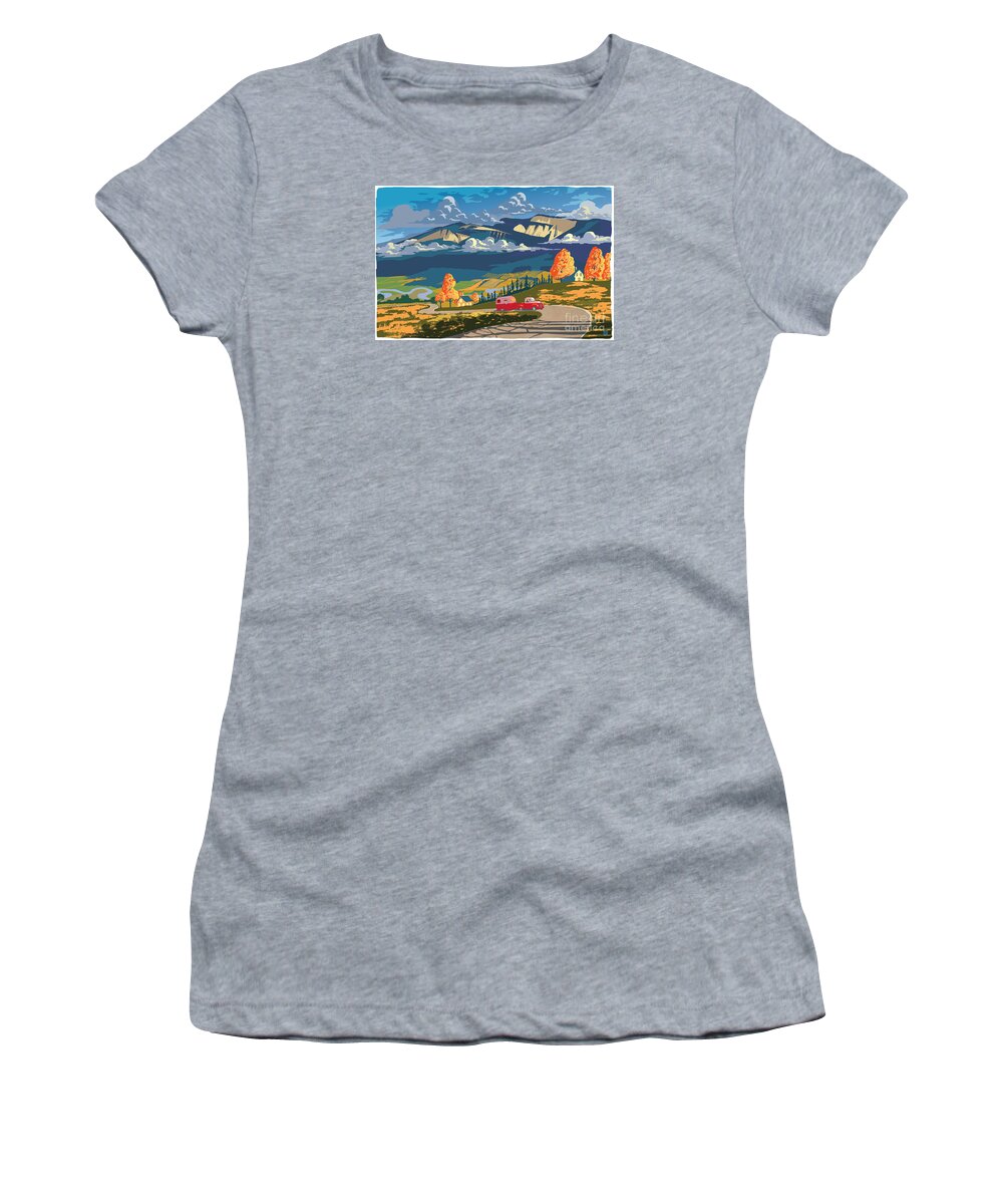 Retro Travel Women's T-Shirt featuring the painting Retro Travel Autumn Landscape by Sassan Filsoof